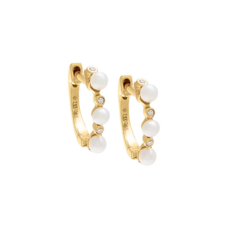 Diamond X Beaded Pearl Huggie Earring 14K sold by Adina Eden's
