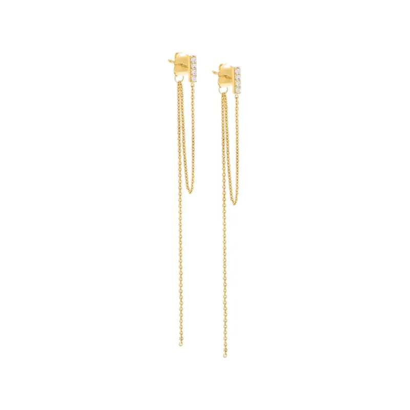 Pave Bar Double Chain Drop Stud Earring 14K sold by Adina Eden's