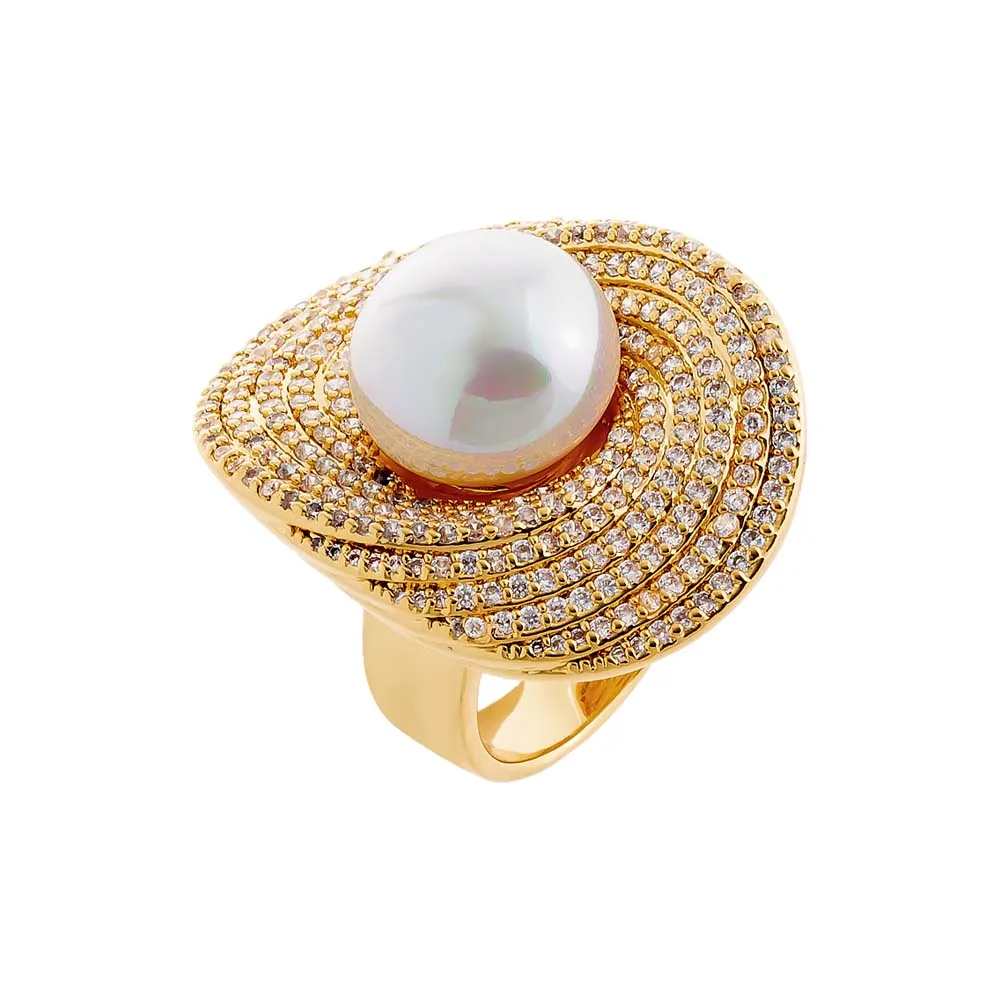 Fancy Pave Curved Pearl Ring sold by Adina Eden's