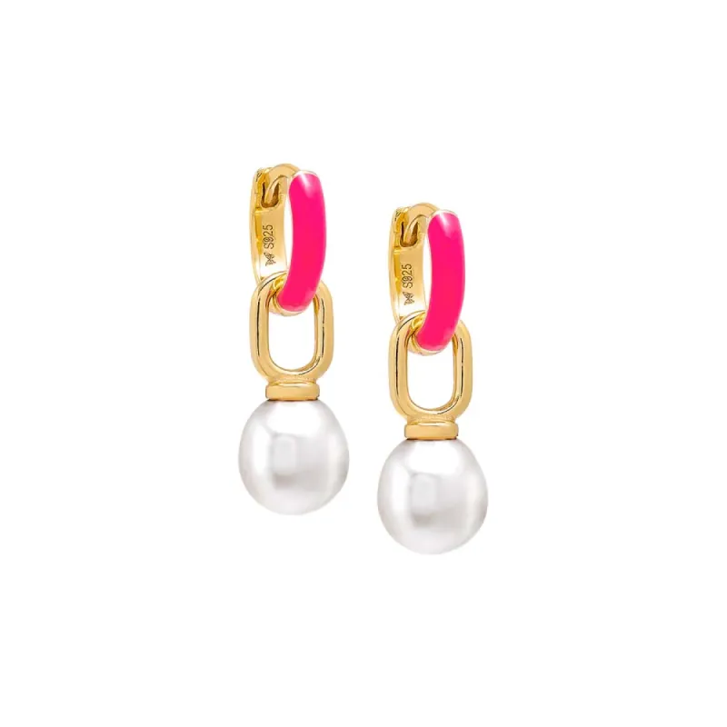 Colored Enamel Dangling Pearl Huggie Earring sold by Adina Eden's