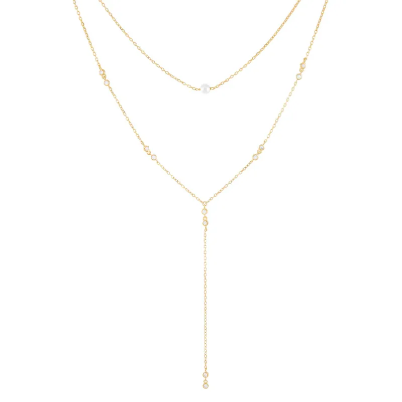 CZ Bezel X Pearl Lariat sold by Adina Eden's