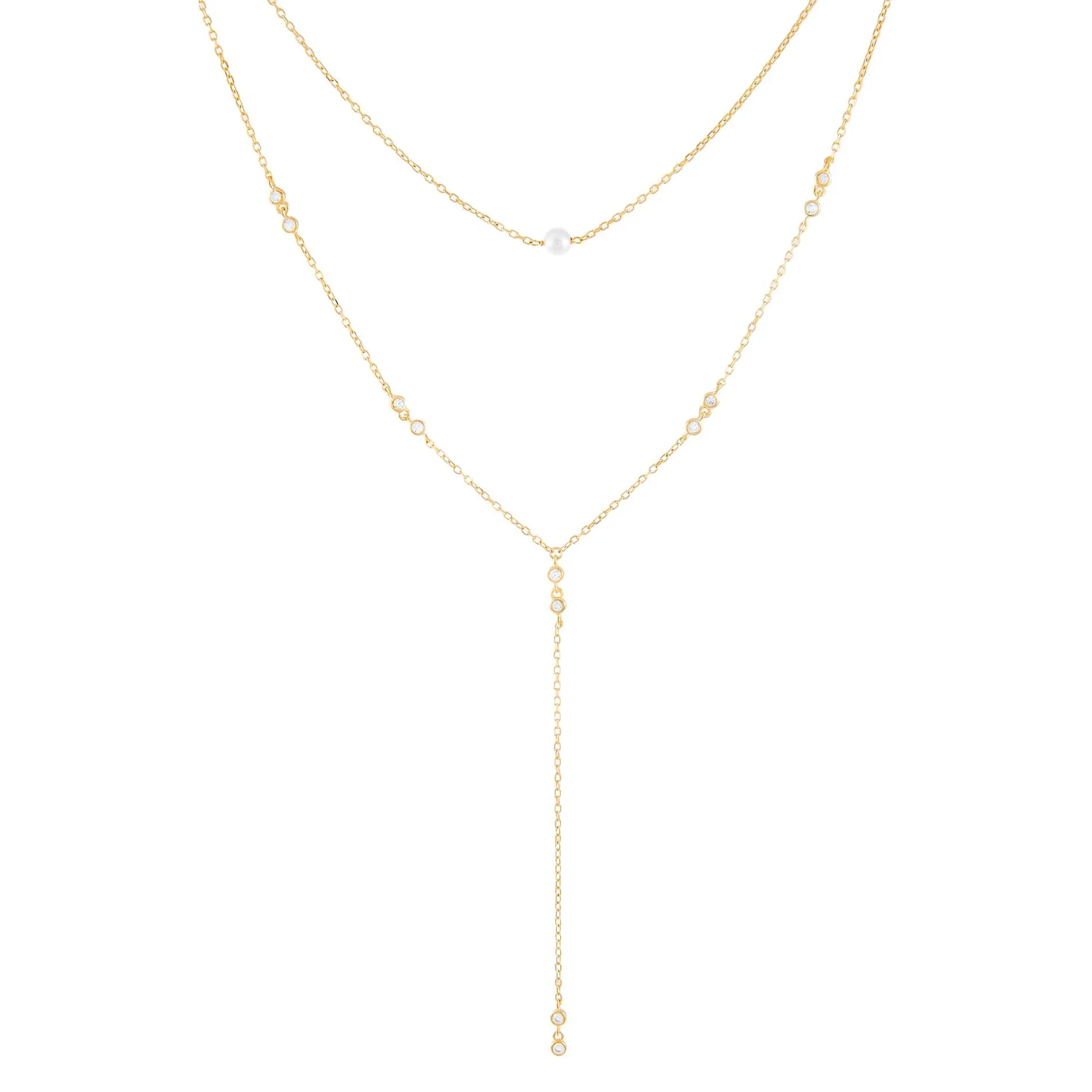 CZ Bezel X Pearl Lariat sold by Adina Eden's