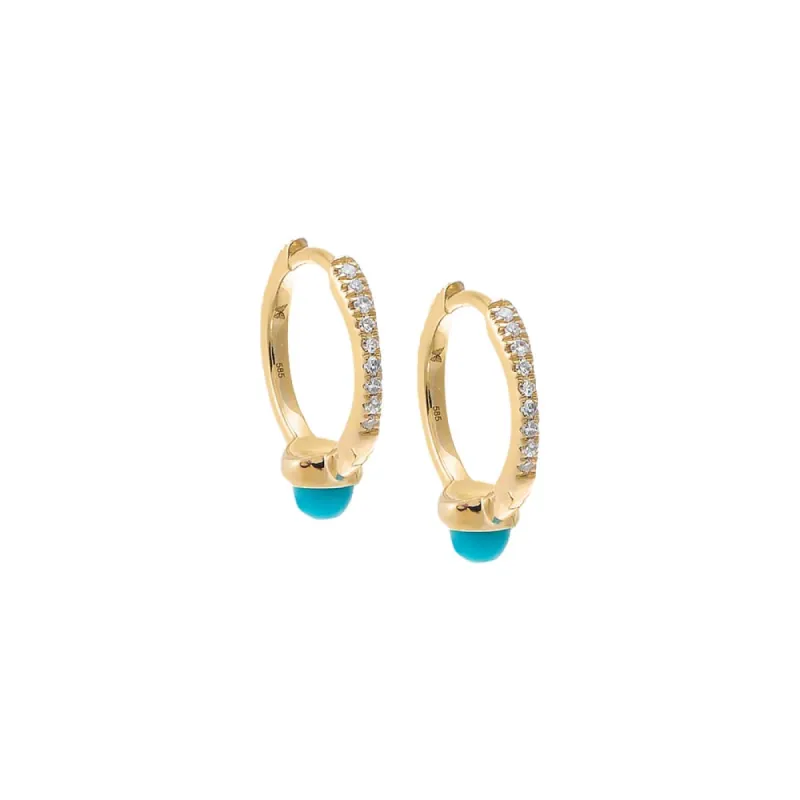 Diamond Pave X Turquoise Spike Huggie Earring 14K sold by Adina Eden's