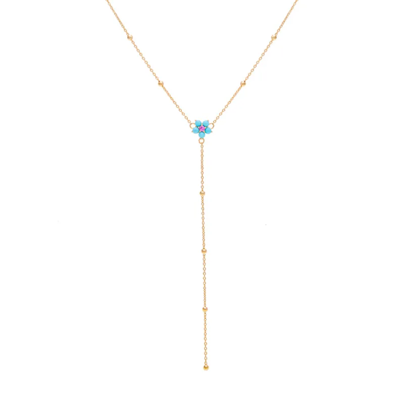Turquoise Flower Beaded Chain Lariat sold by Adina Eden's