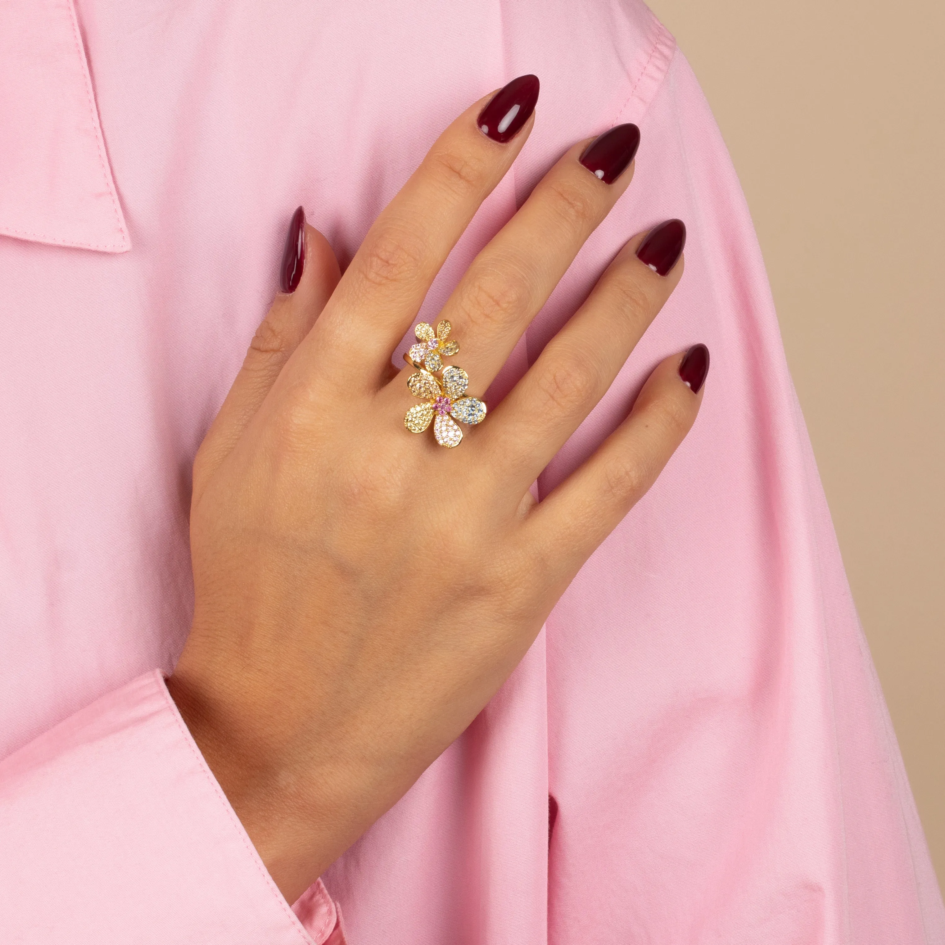 Pastel Pave Double Flower Ring sold by Adina Eden's product image thumbnail 2