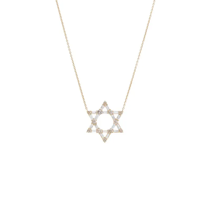 Diamond Baguette X Solitaire Large Star Of David Necklace 14K sold by Adina Eden's