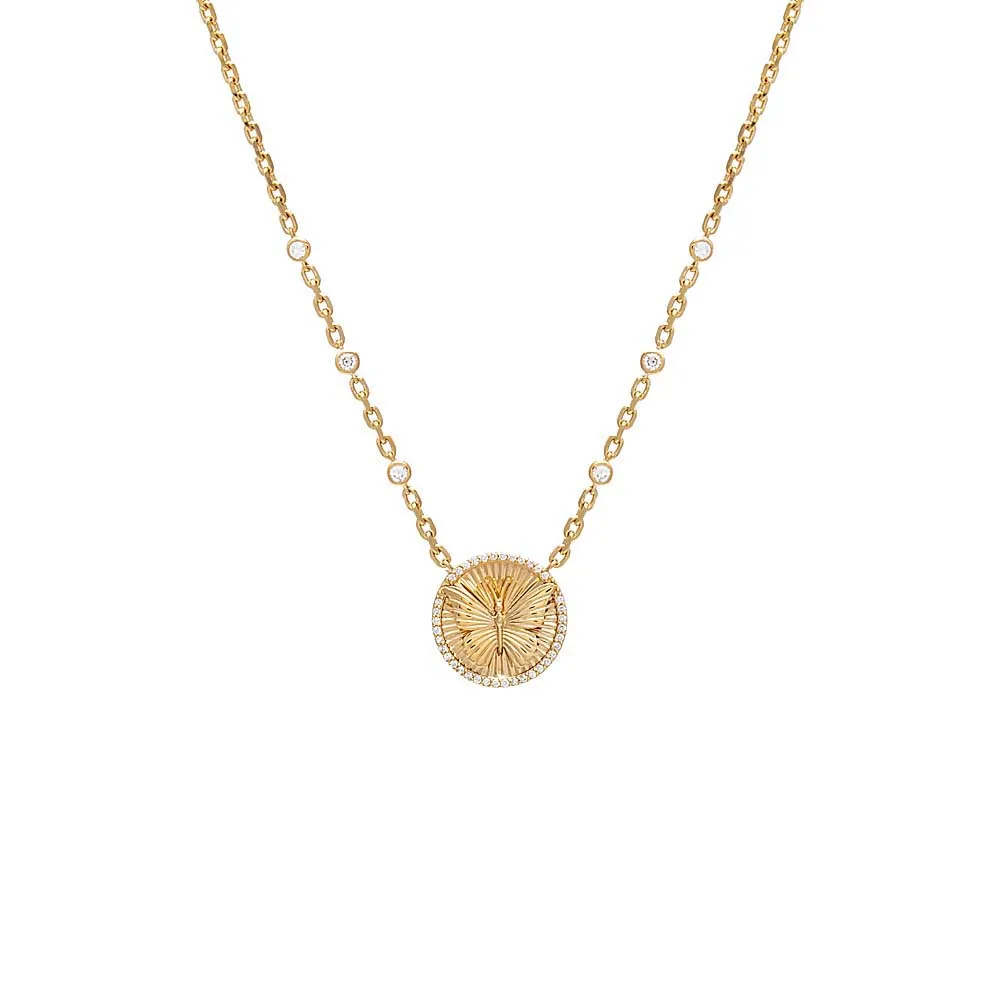 Diamond Butterfly Ridged Coin Necklace 14K sold by Adina Eden's