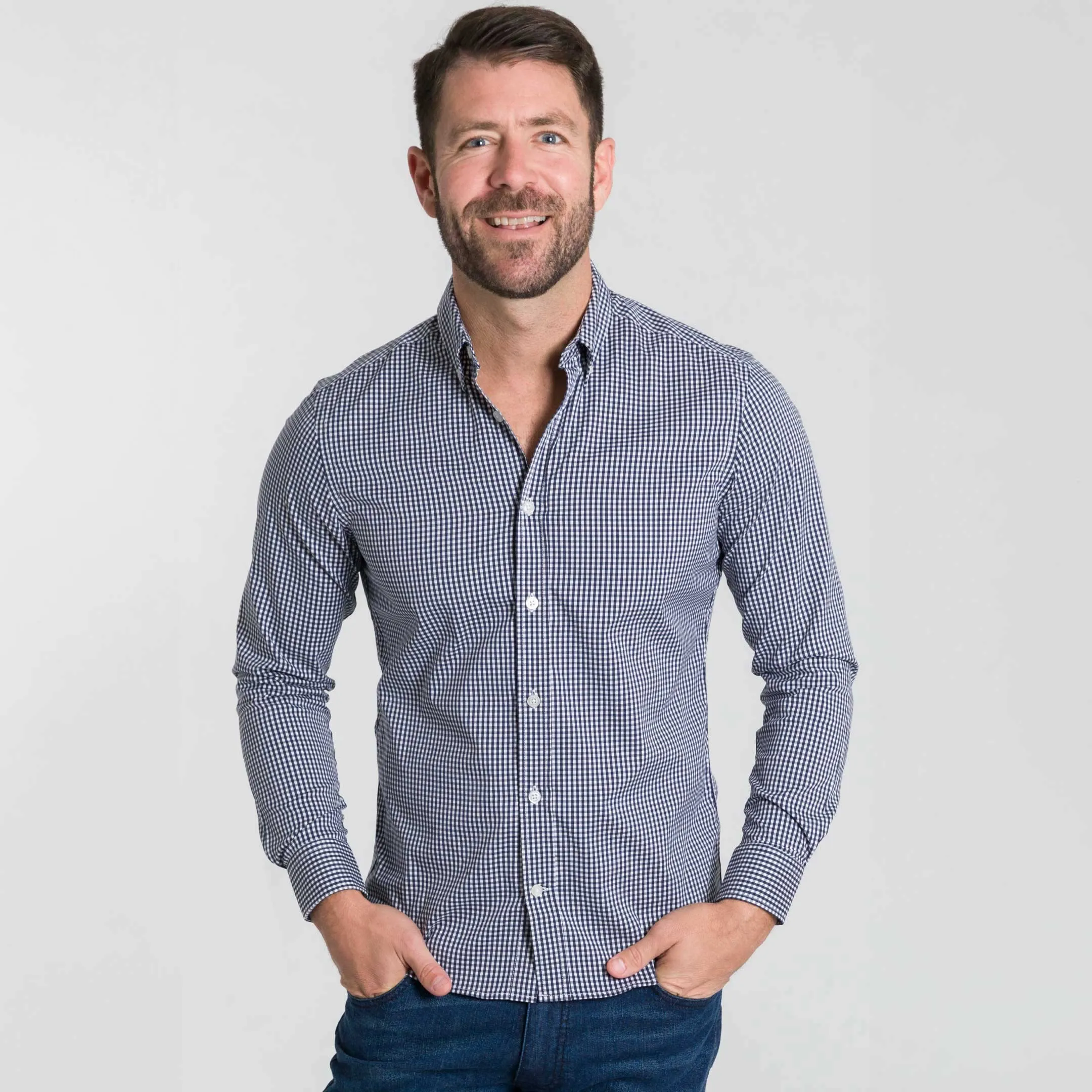 Navy Gingham Wrinkle Free Shirt sold by Ash & Erie