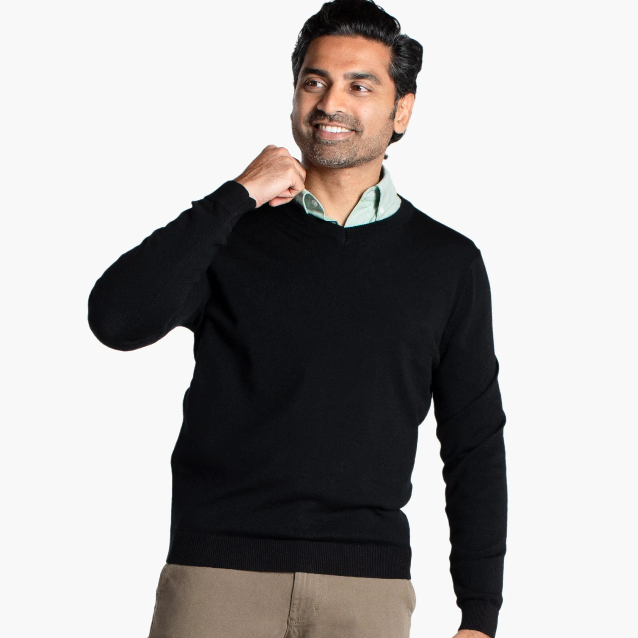 Black Merino V-Neck Sweater sold by Ash & Erie