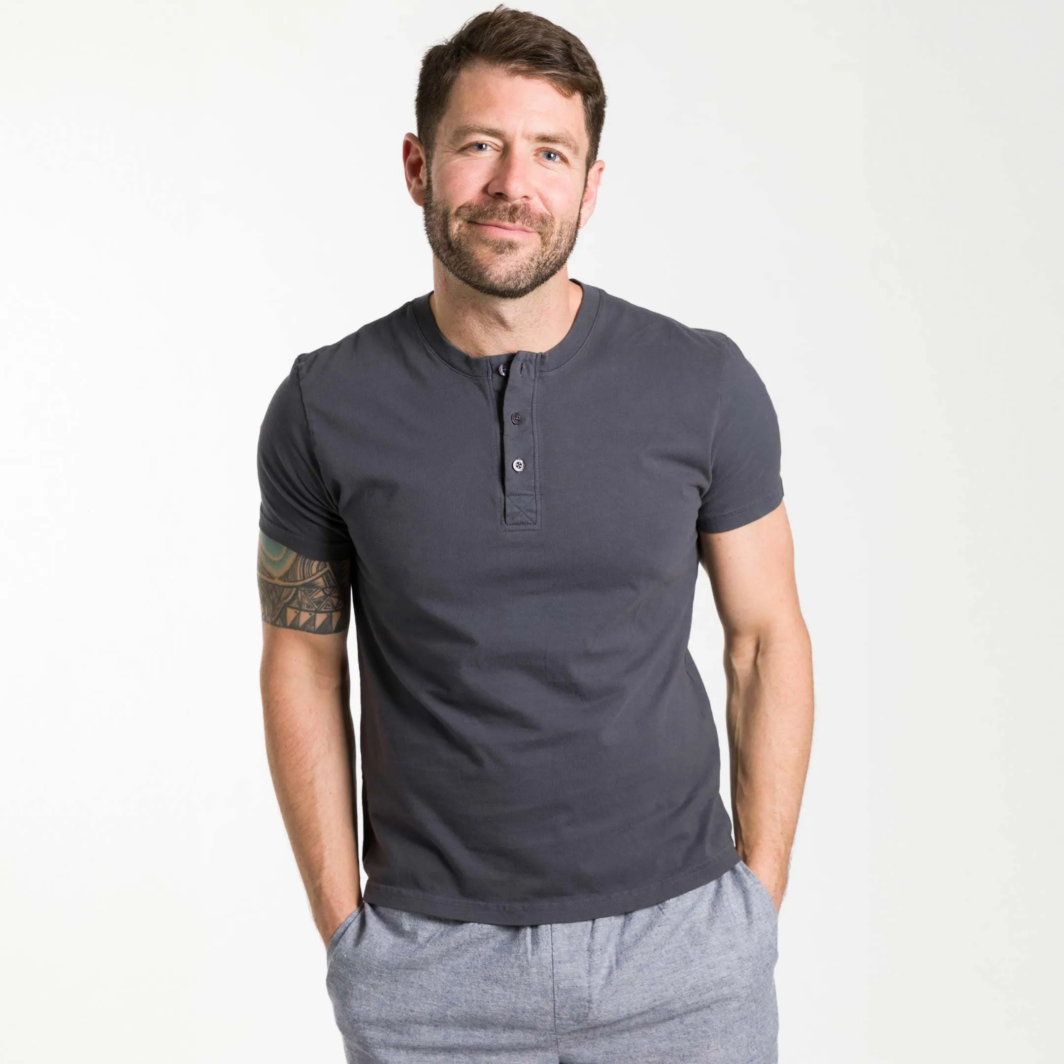 Charcoal Short Sleeve Pima Cotton Henley sold by Ash & Erie