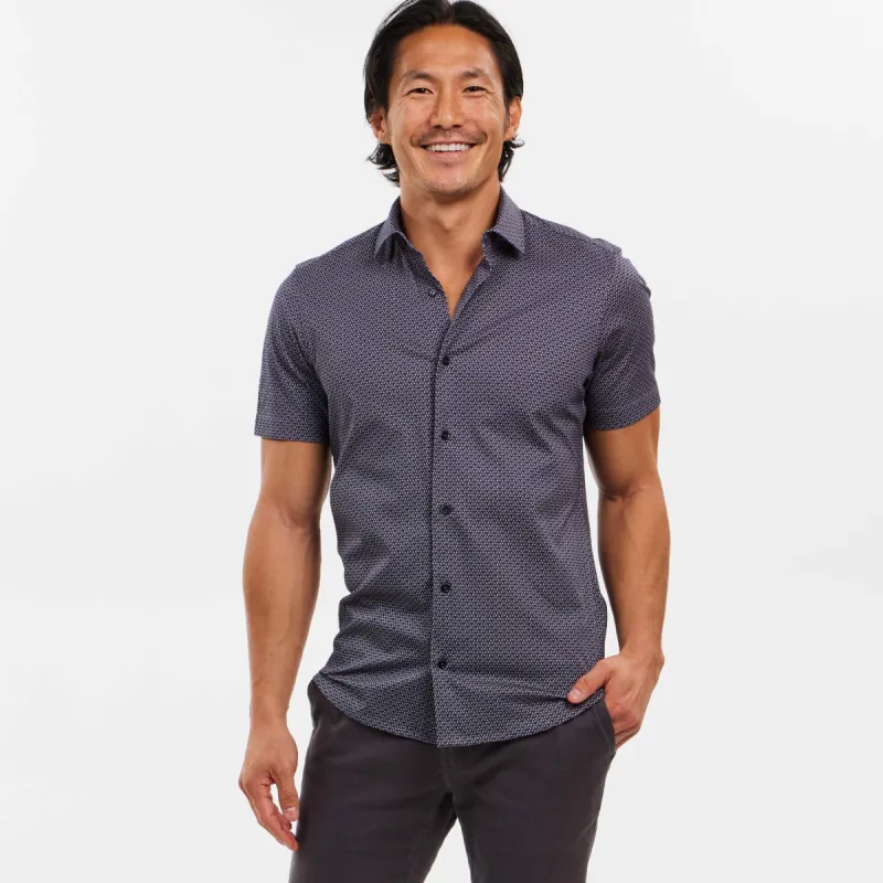 Navy Print Mélange Short Sleeve Performance Stretch Shirt sold by Ash & Erie