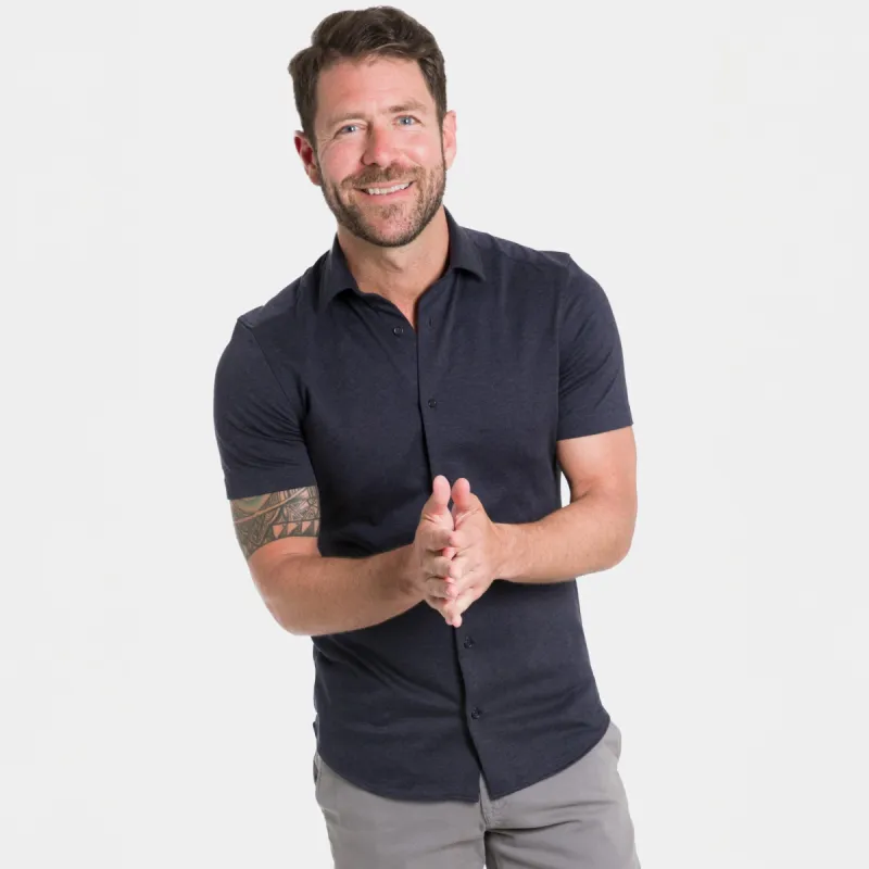 Navy Melange Short Sleeve Performance Stretch Shirt sold by Ash & Erie