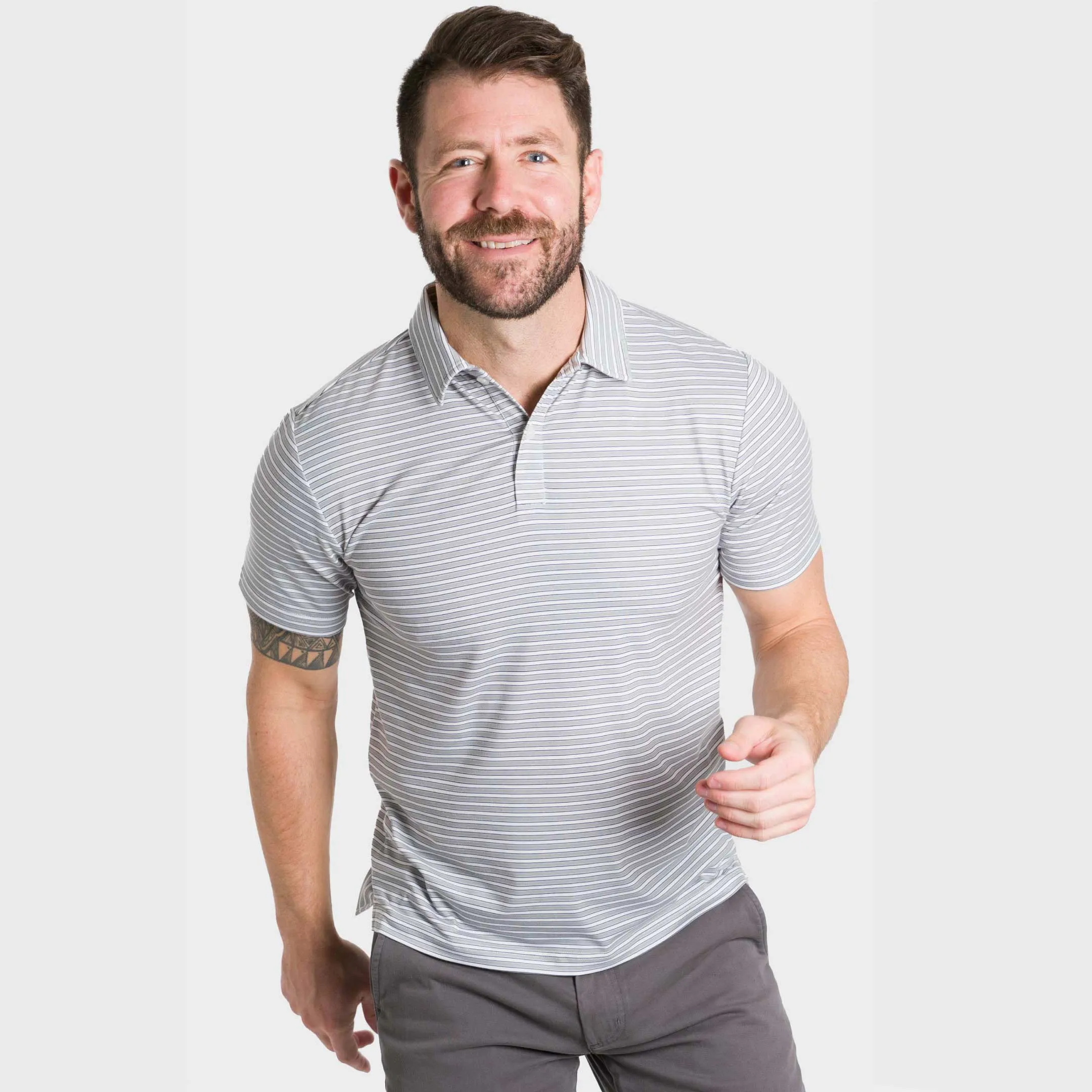 Grey Stripes Tech Polo sold by Ash & Erie