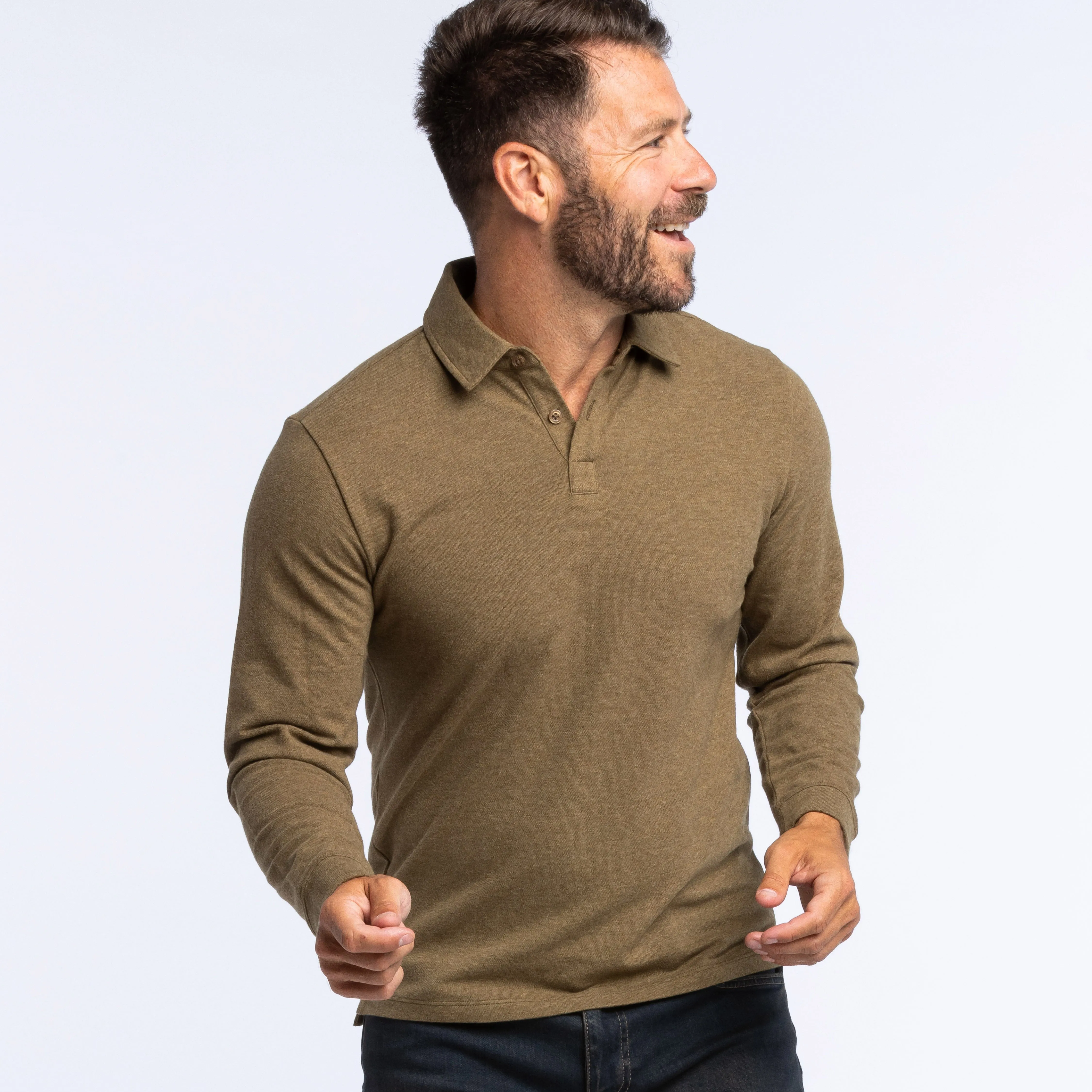 Heather Olive Pique Long Sleeve Polo sold by Ash & Erie