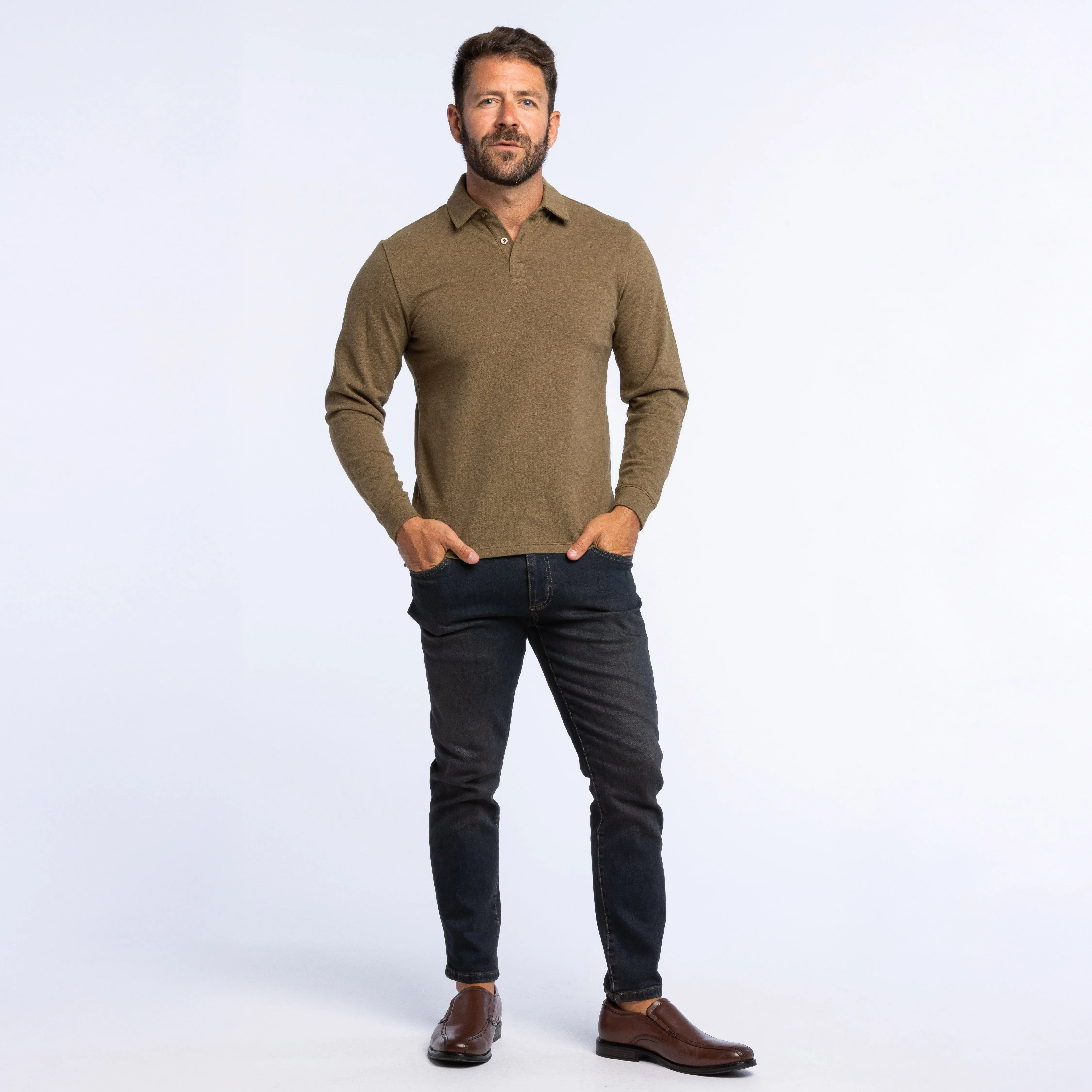 Heather Olive Pique Long Sleeve Polo sold by Ash & Erie product image thumbnail 2