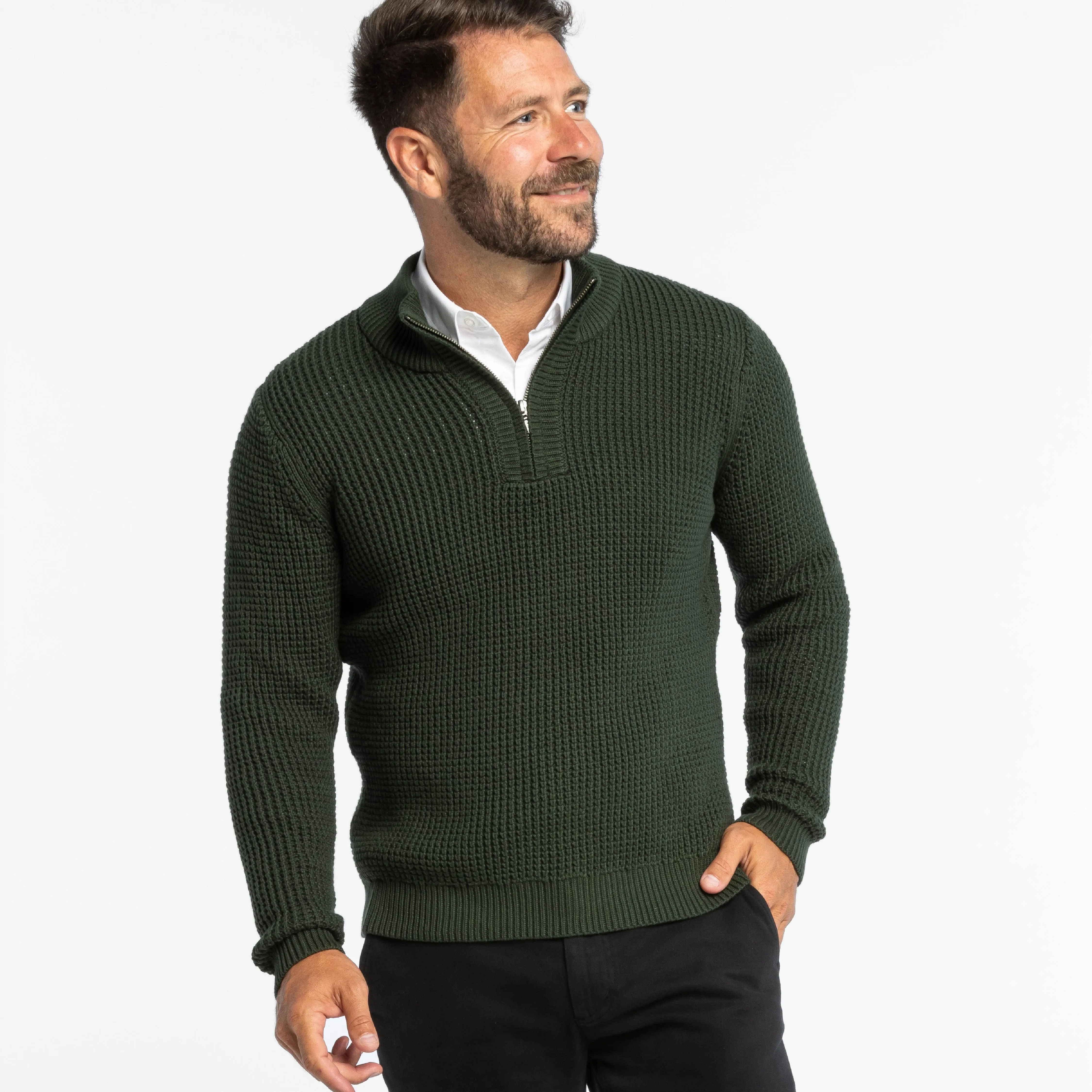Dark Green Waffle Knit Quarter-Zip Sweater sold by Ash & Erie