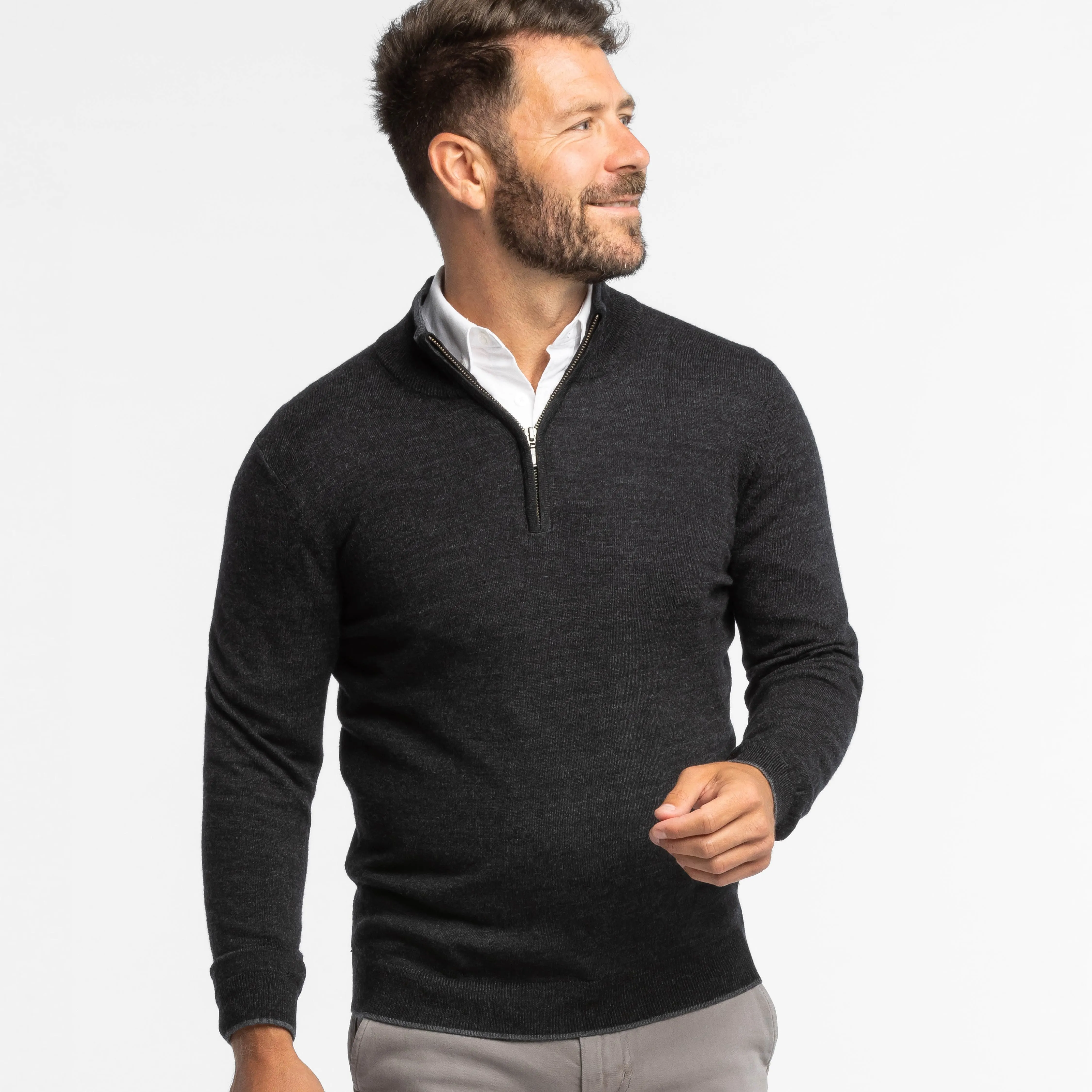 Heather Black Merino Quarter-Zip Sweater sold by Ash & Erie