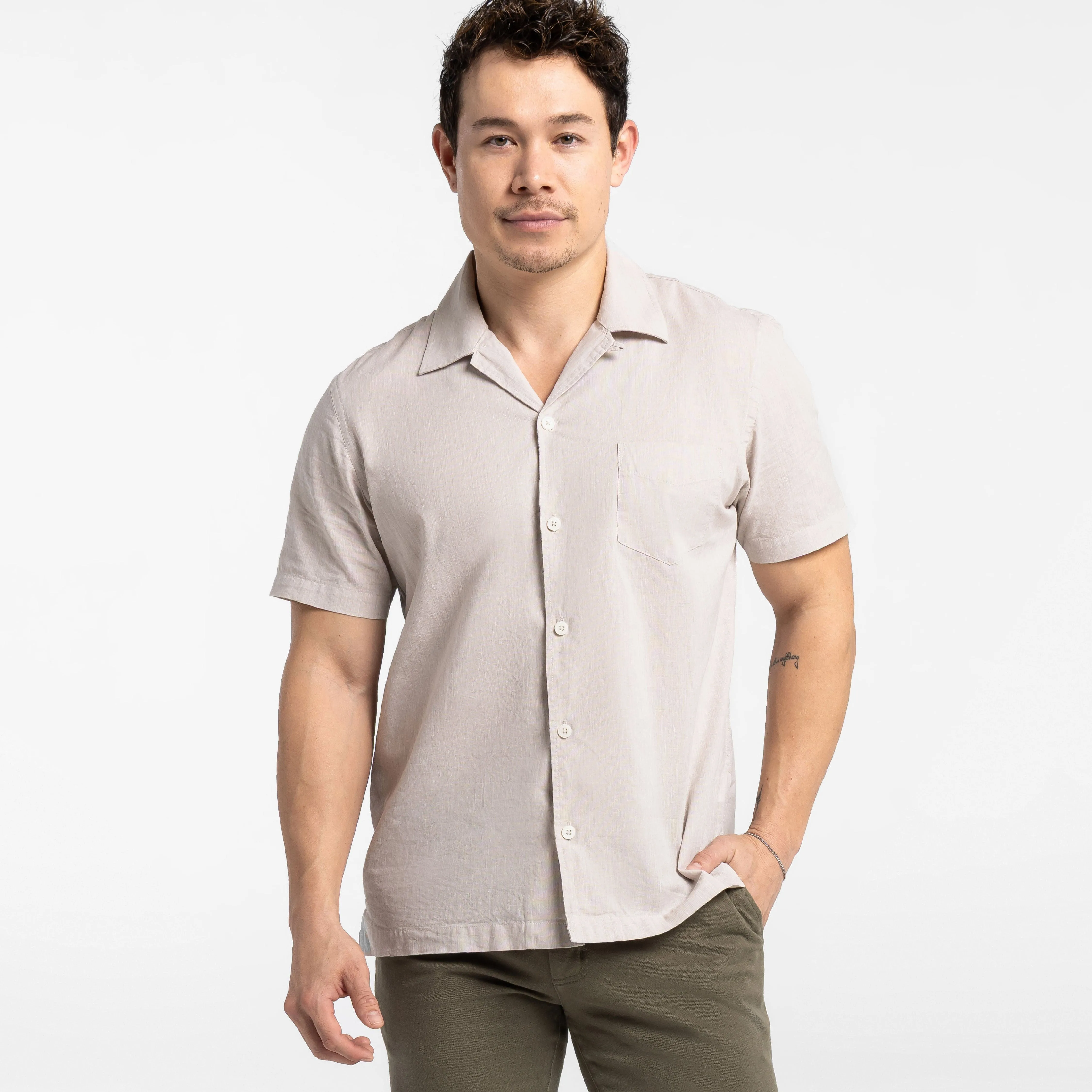 Tan Linen Camp Collar Short Sleeve Shirt sold by Ash & Erie
