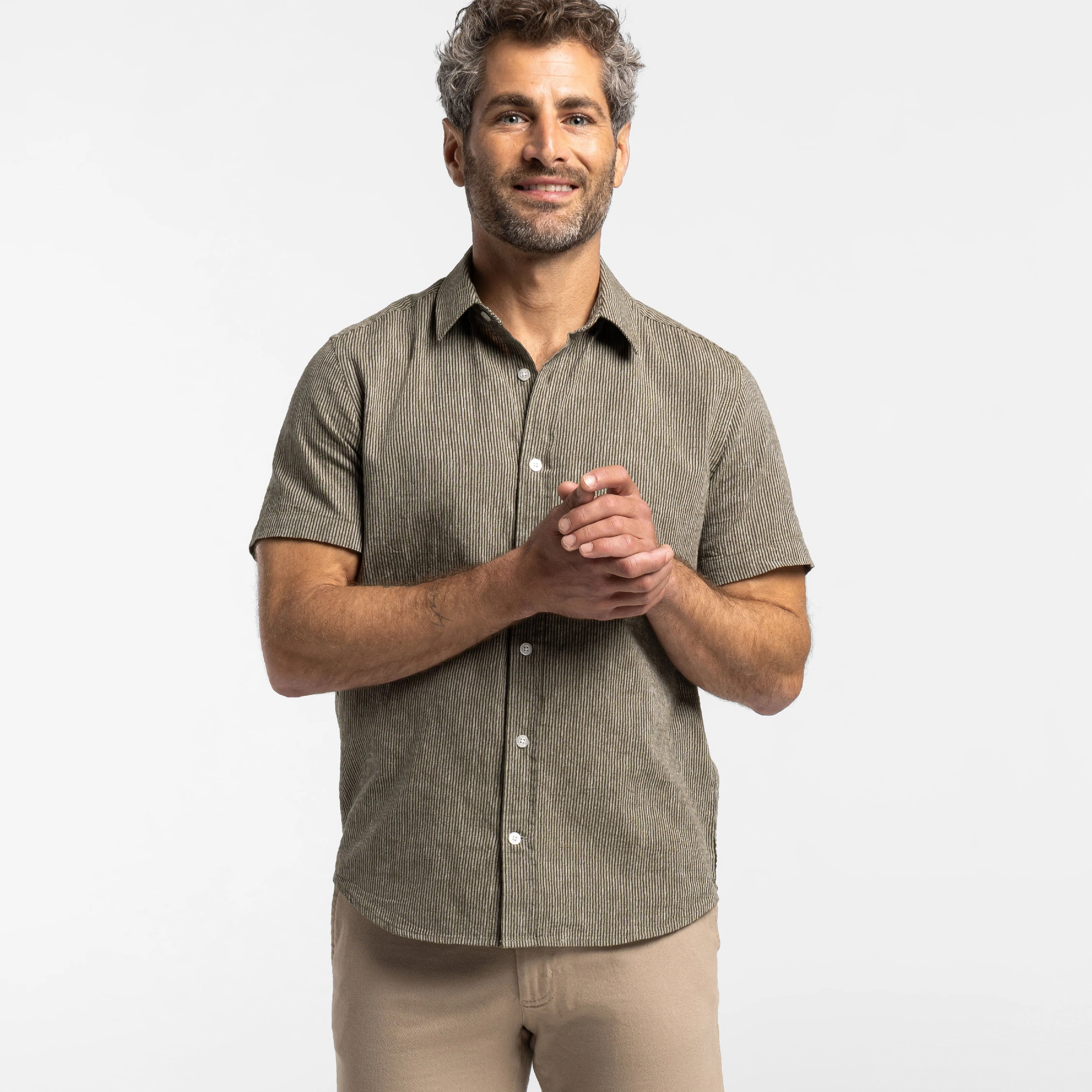 Olive Stripes Linen Short Sleeve Shirt sold by Ash & Erie