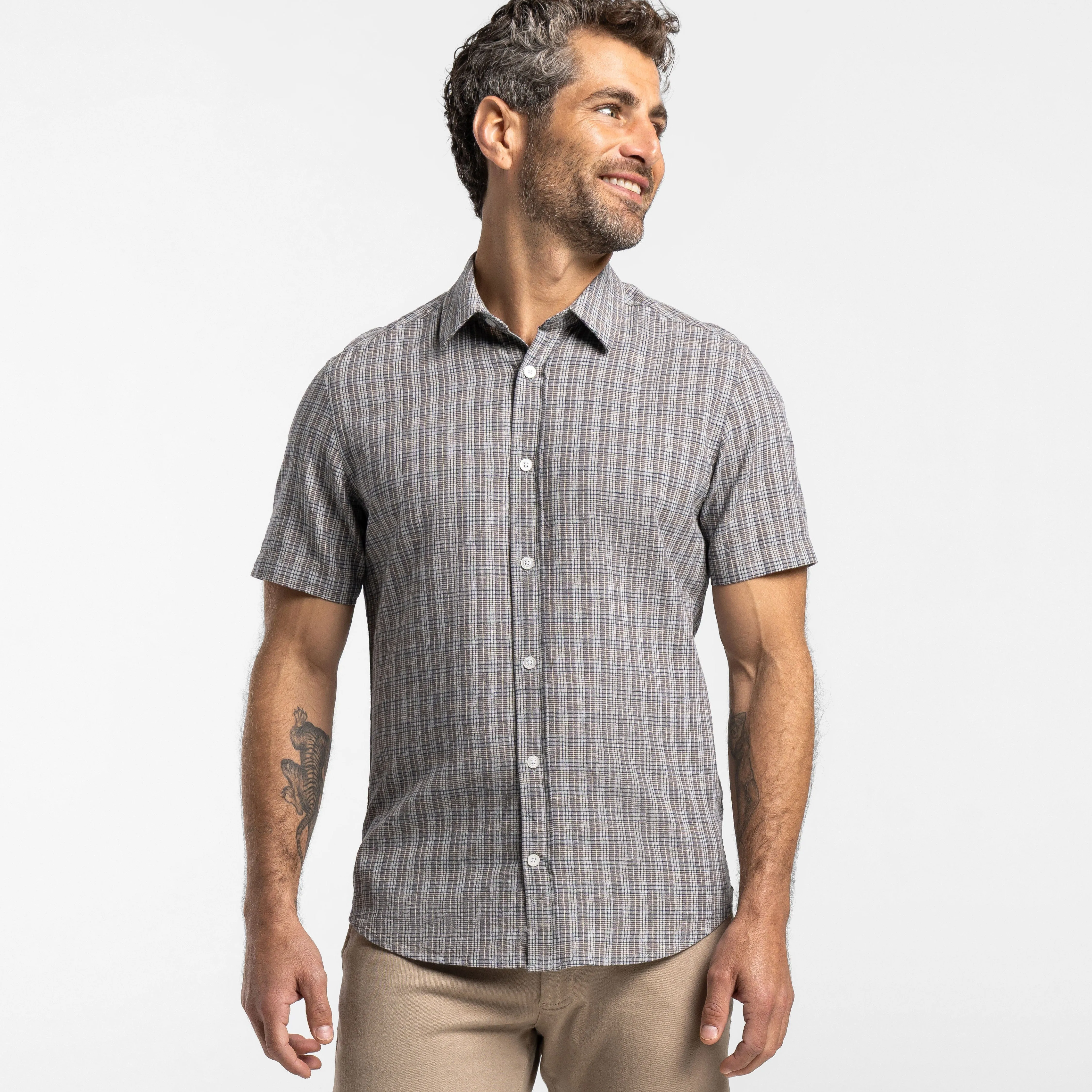 Nickel Plaid Linen Short Sleeve Shirt sold by Ash & Erie