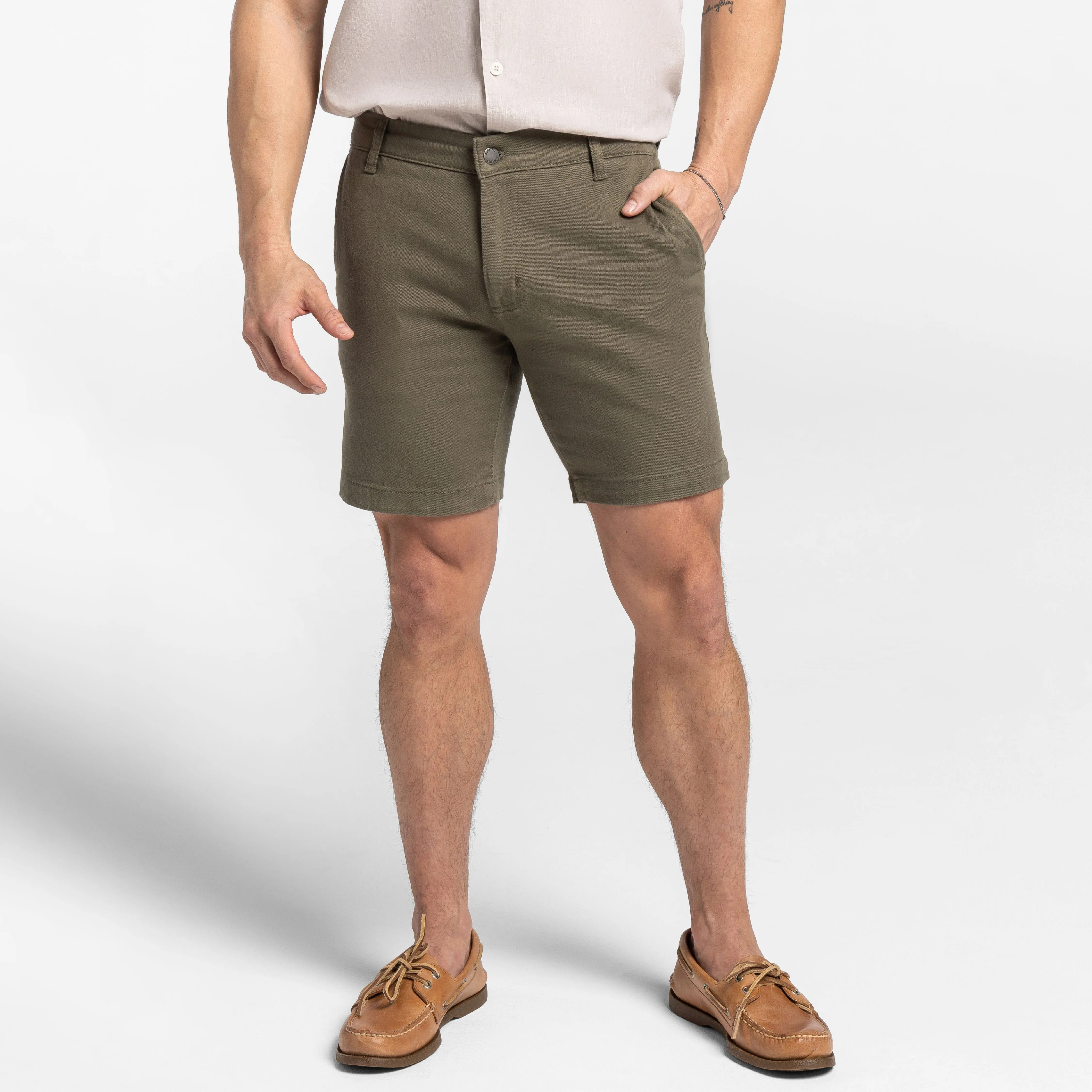Vintage Olive Stretch Washed Chino Short sold by Ash & Erie