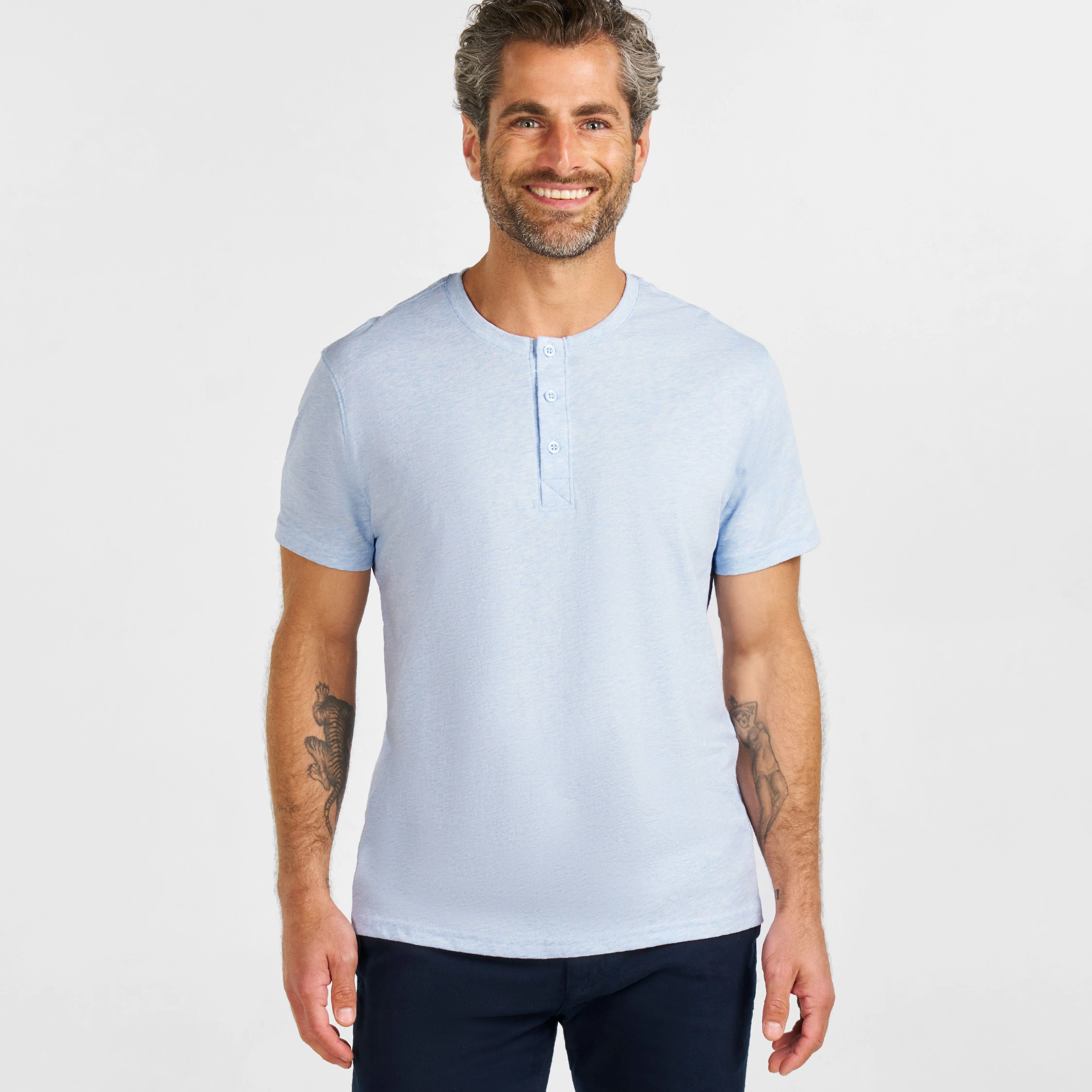 Light Blue Melange Short Sleeve Henley sold by Ash & Erie