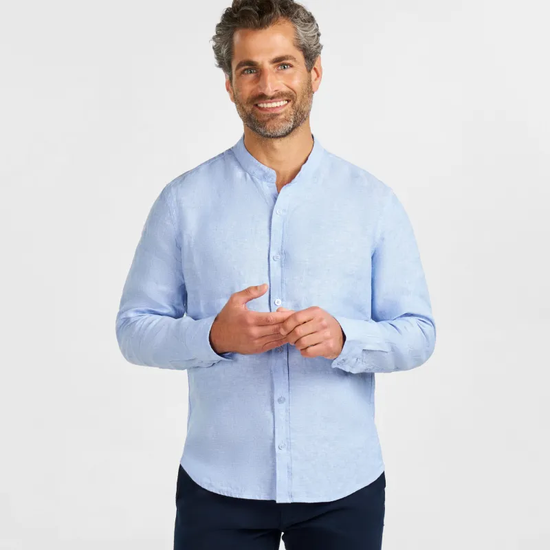 Blue Linen Band Collar Shirt sold by Ash & Erie
