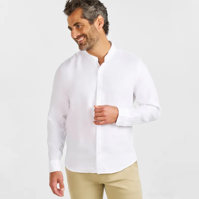 White Linen Band Collar Shirt sold by Ash & Erie