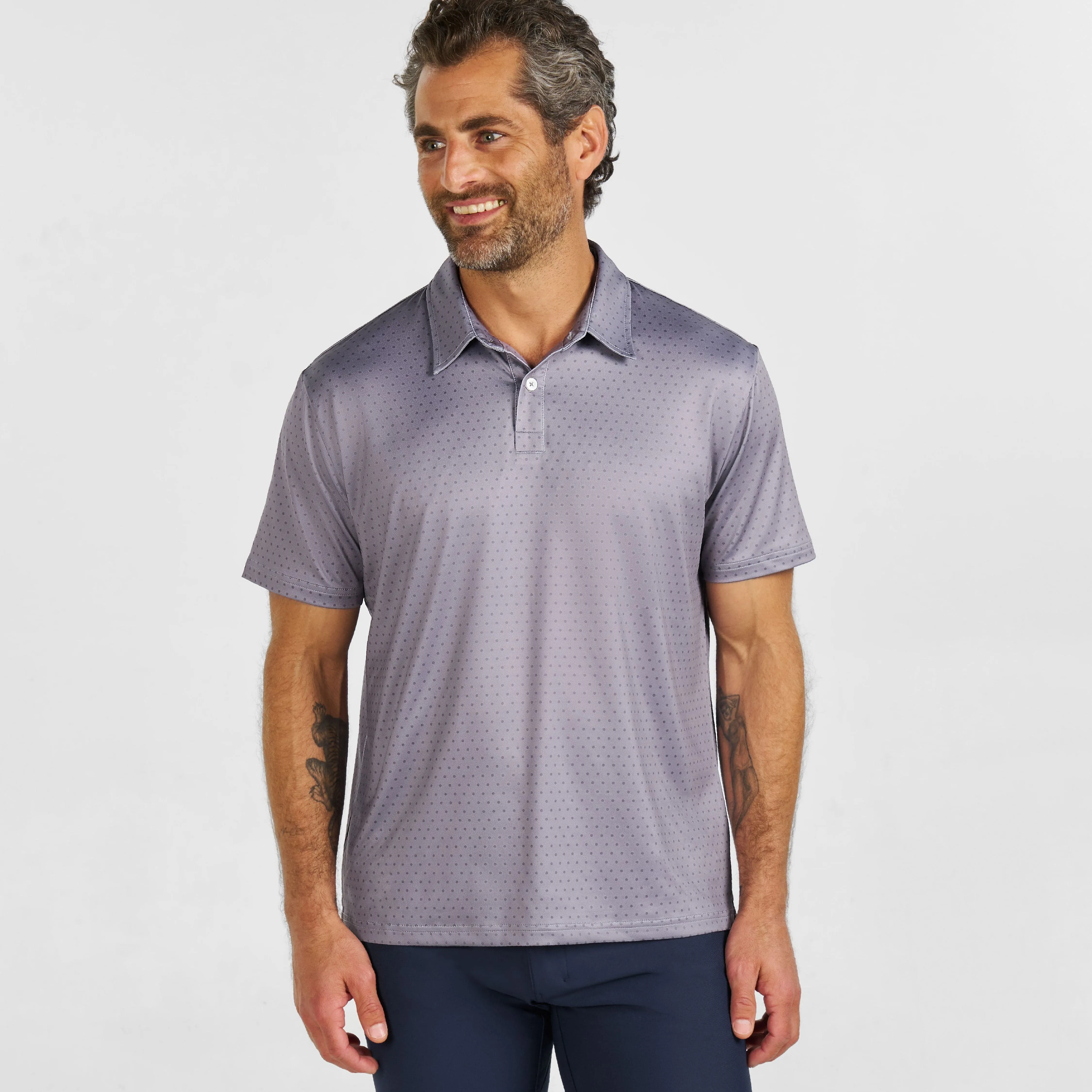 Grey Dots Tech Polo sold by Ash & Erie