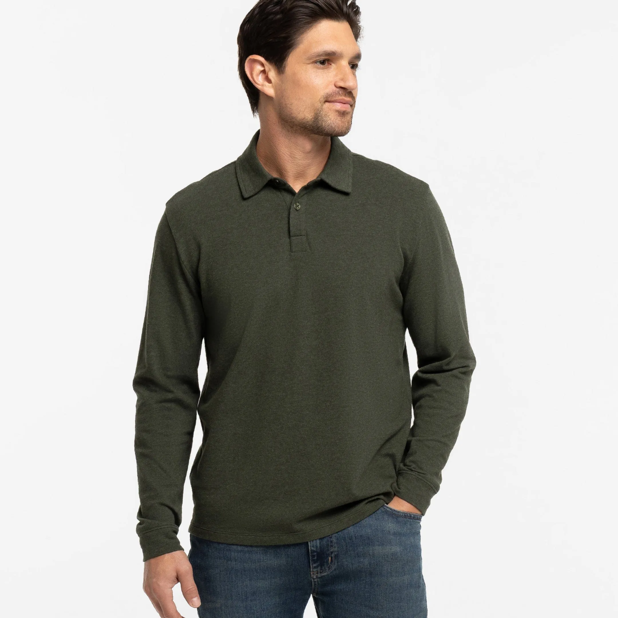 Heather Green Pique Long Sleeve Polo sold by Ash & Erie