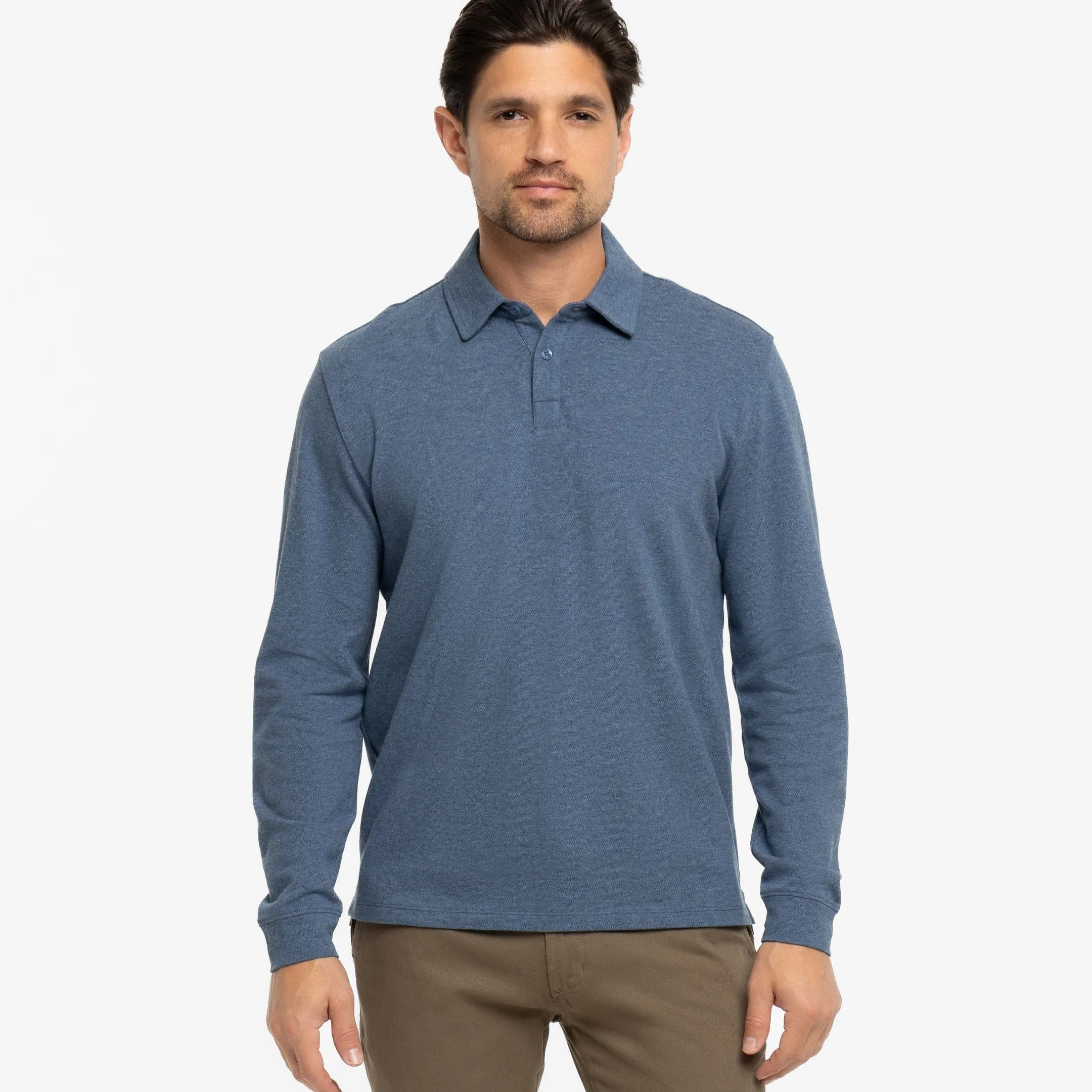 Heather Blue Pique Long Sleeve Polo sold by Ash & Erie