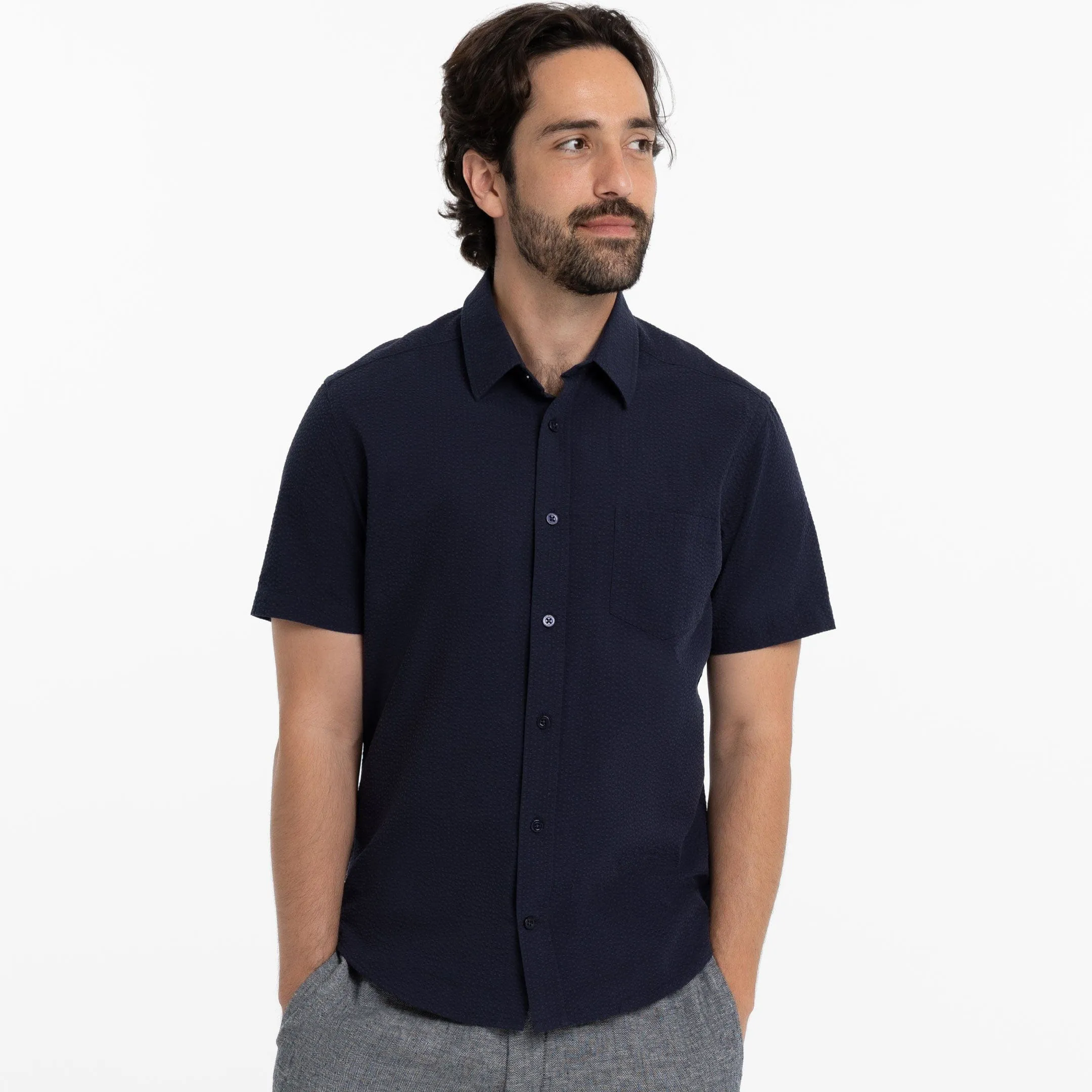 Navy Seersucker Short Sleeve Shirt sold by Ash & Erie