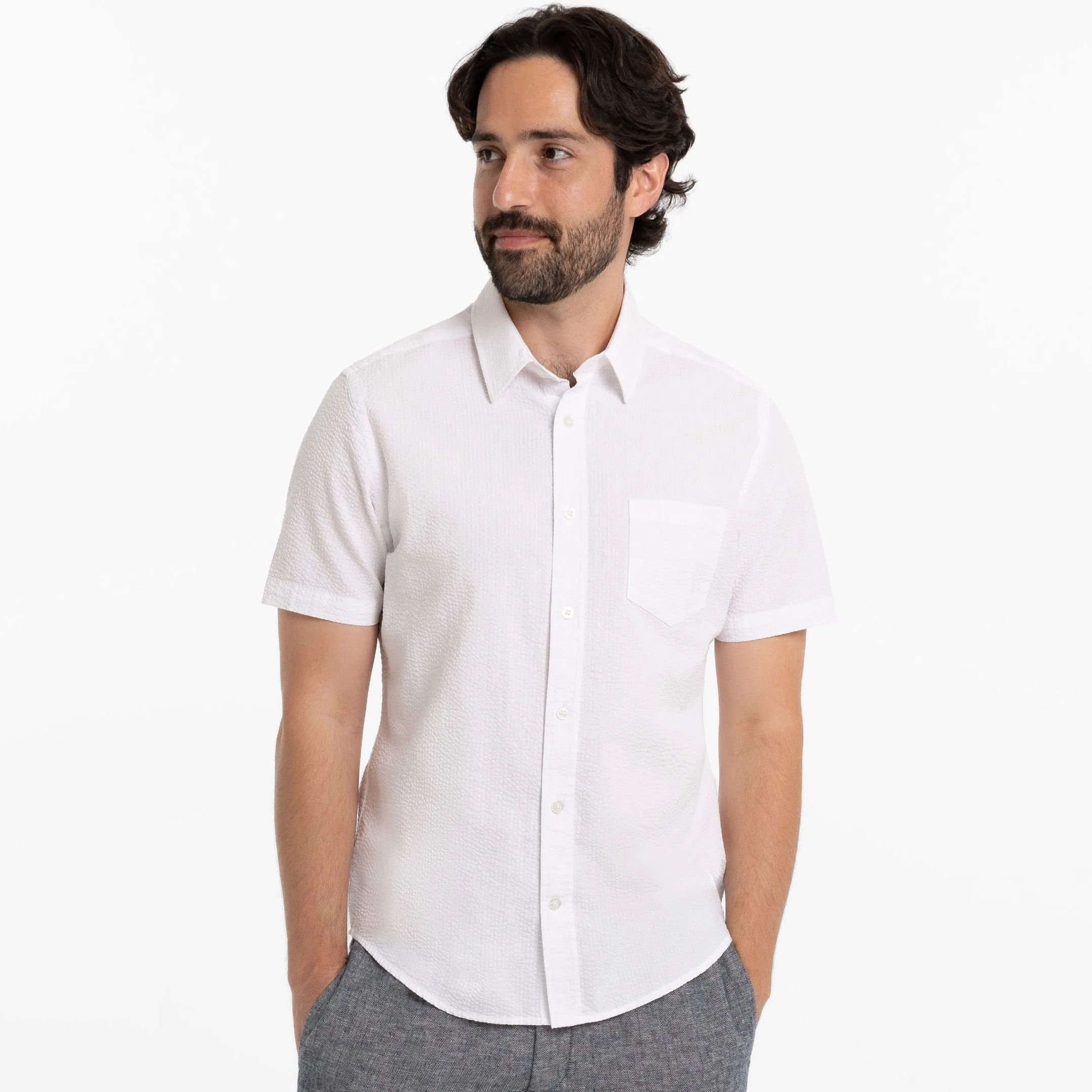 White Seersucker Short Sleeve Shirt sold by Ash & Erie