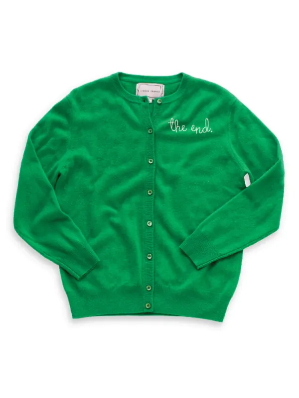 "the end." Cardigan sold by Lingua Franca NYC