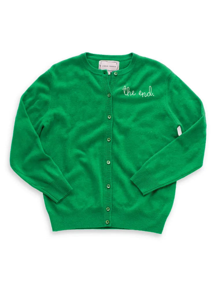 "the end." Cardigan sold by Lingua Franca NYC