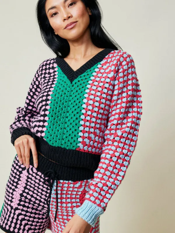 Simko Crochet V-Neck sold by Lingua Franca NYC