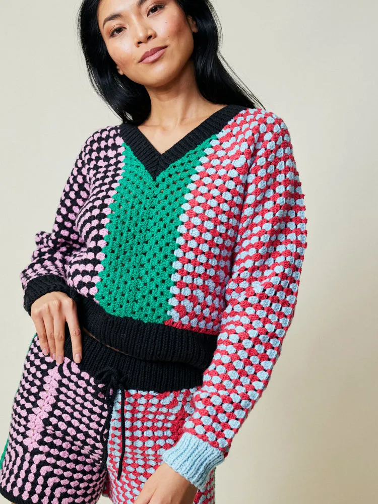 Simko Crochet V-Neck sold by Lingua Franca NYC