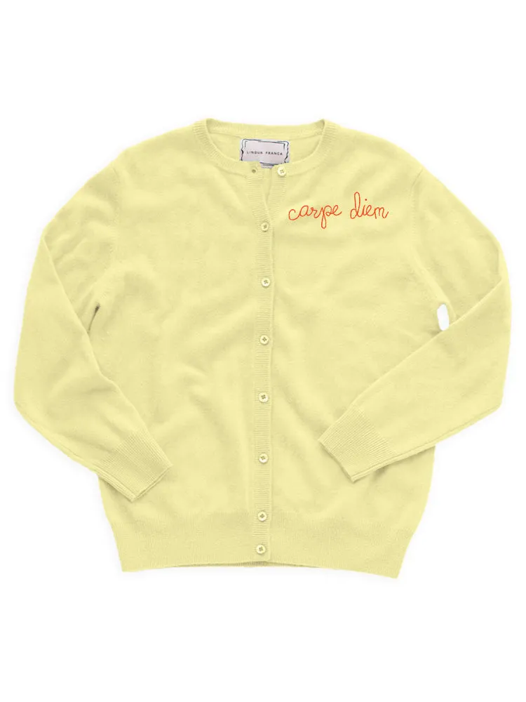 "carpe diem" Cardigan sold by Lingua Franca NYC