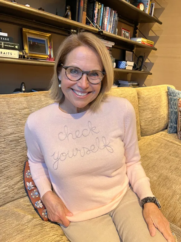 Katie Couric's "check yourself" Women's Crewneck made by Lingua Franca NYC