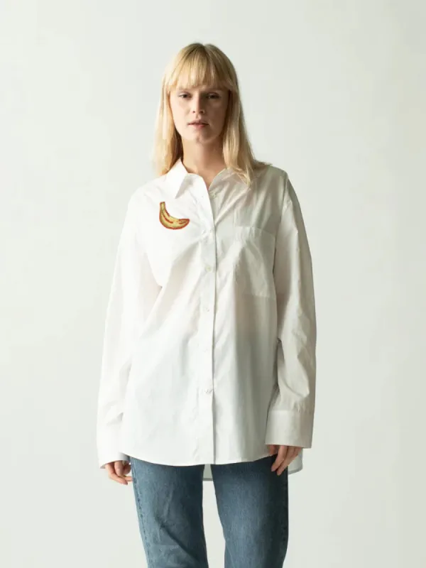 Beaded Banana Oversized Button Down made by Lingua Franca NYC