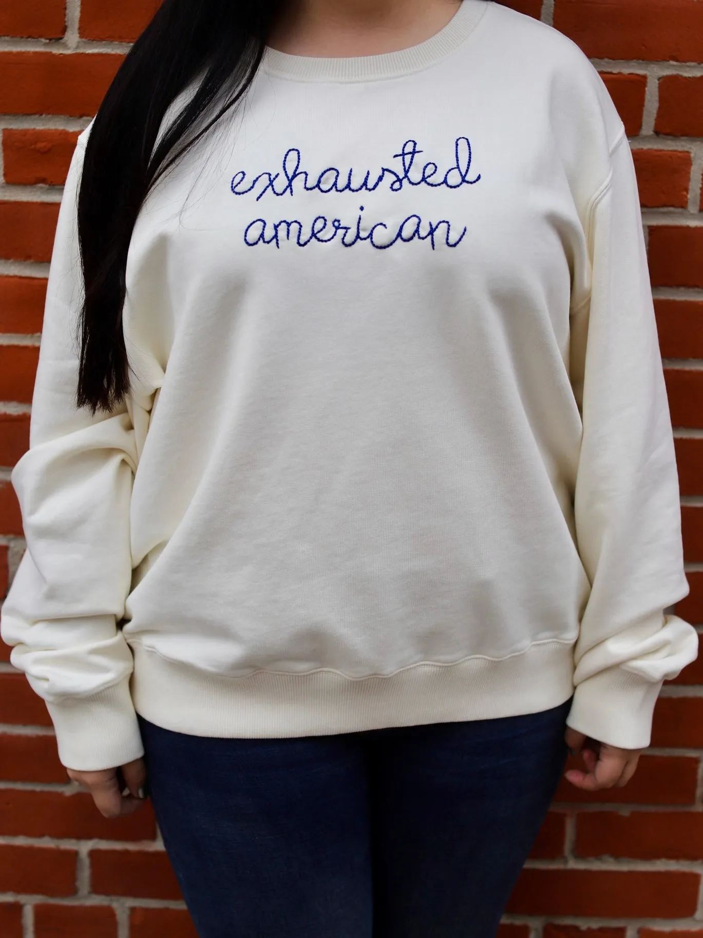 "Exhausted American" Women's Sweatshirt sold by Lingua Franca NYC