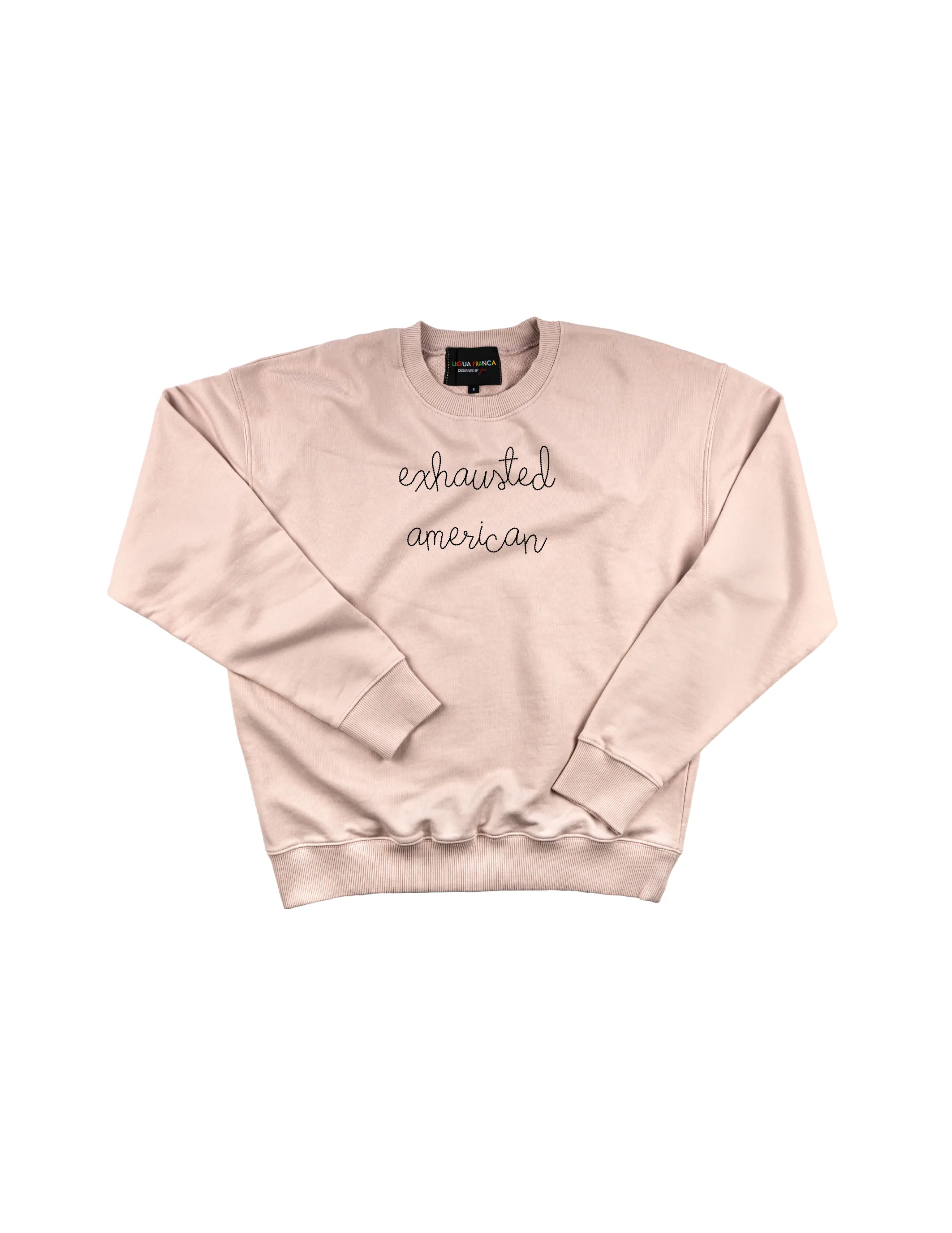 "exhausted American" Men's Sweatshirt sold by Lingua Franca NYC product image thumbnail 3