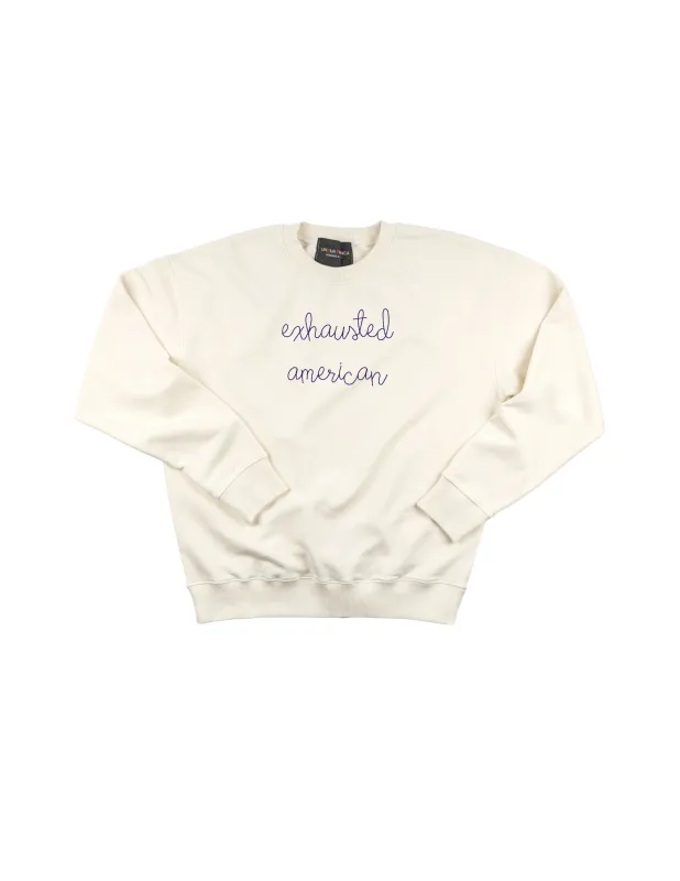 "exhausted American" Men's Sweatshirt sold by Lingua Franca NYC