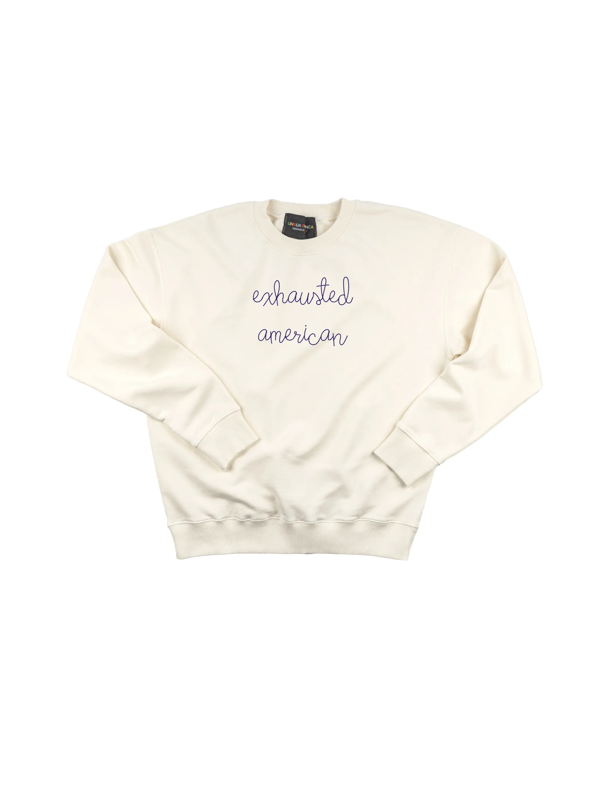 "exhausted American" Men's Sweatshirt sold by Lingua Franca NYC