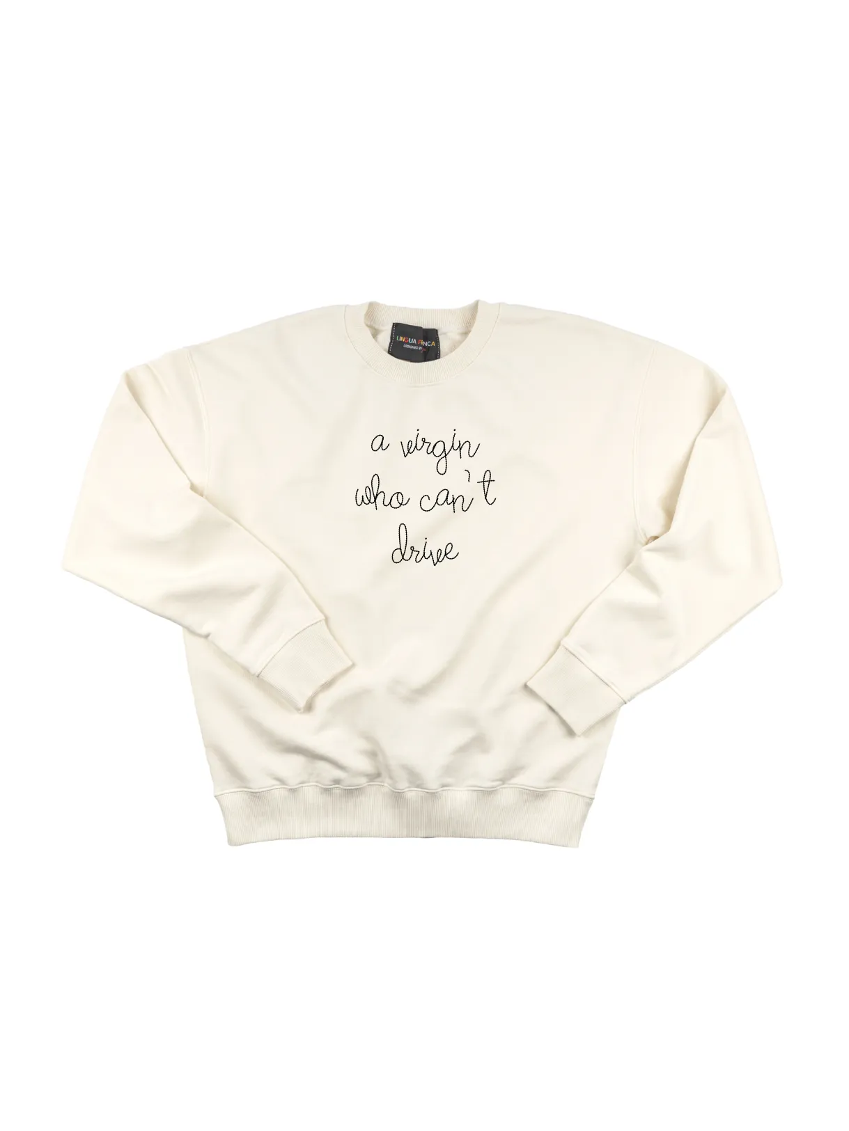 "a virgin who can't drive" Women's Sweatshirt sold by Lingua Franca NYC