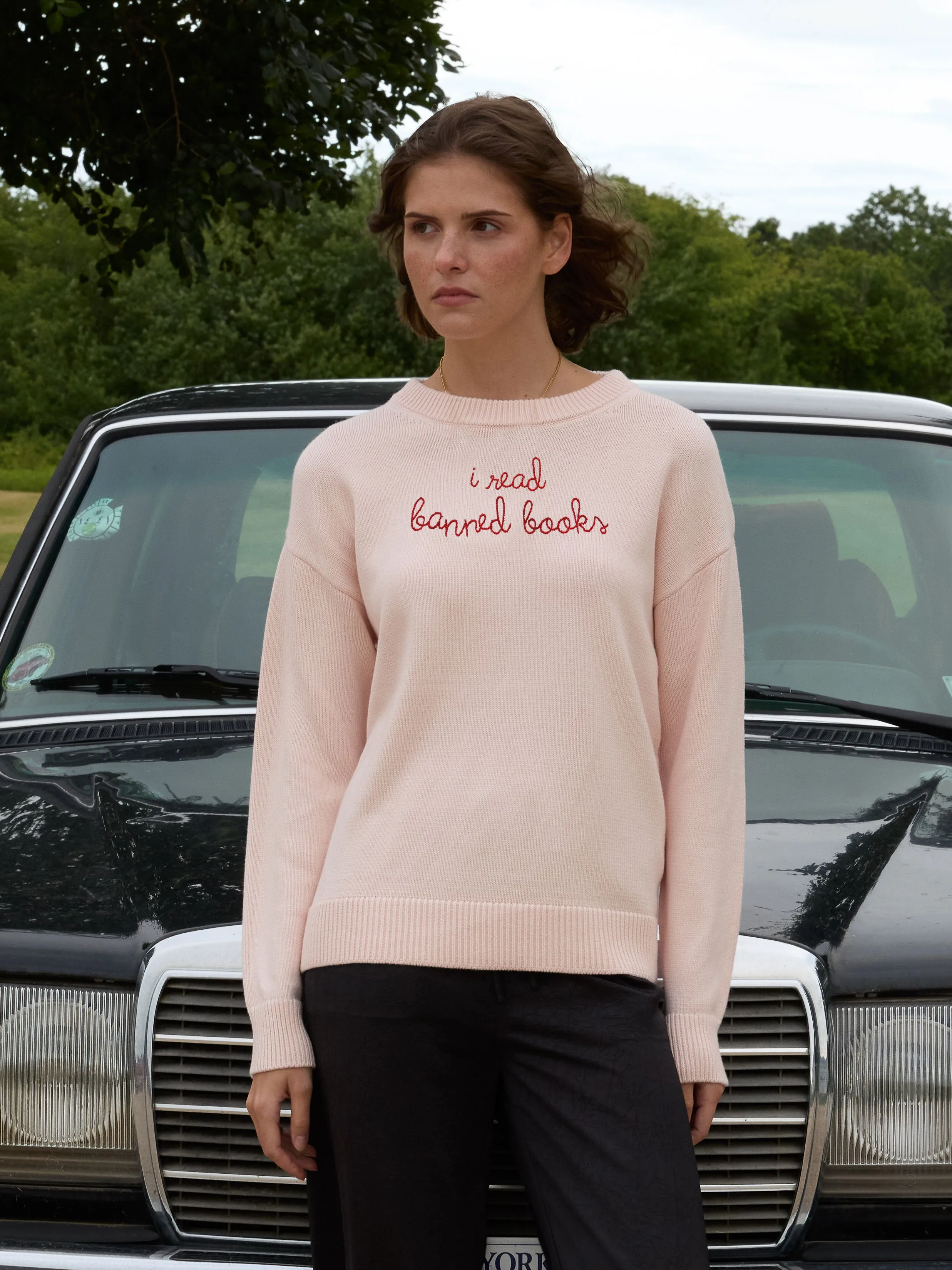 "i read banned books" Maxine Sweater sold by Lingua Franca NYC