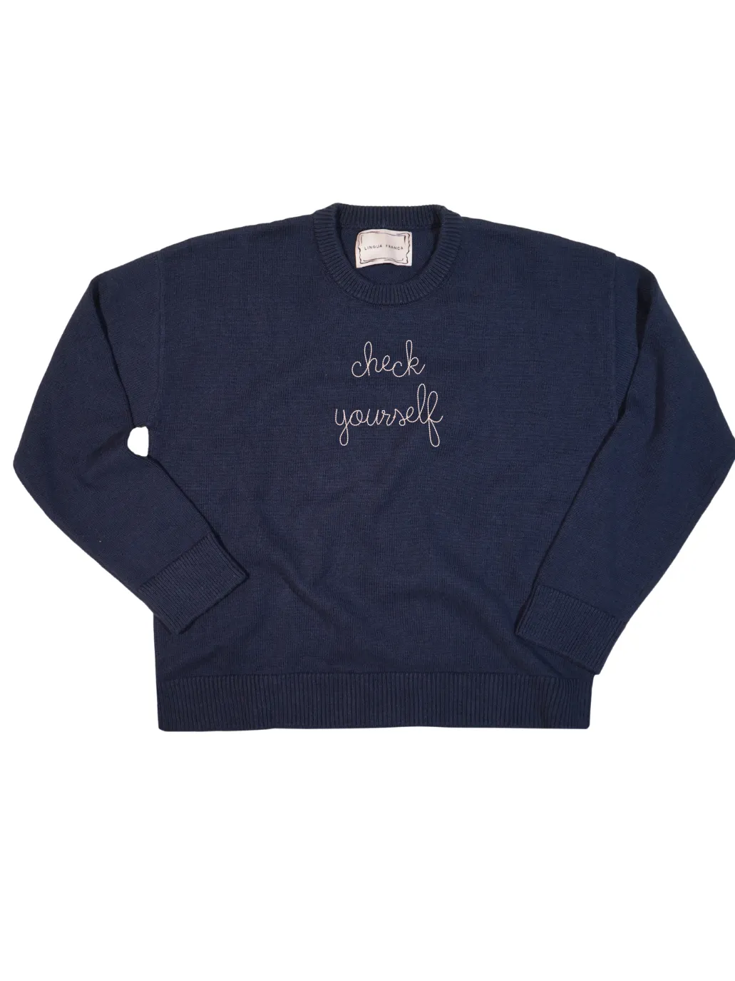 "check yourself" Maxine Sweater sold by Lingua Franca NYC