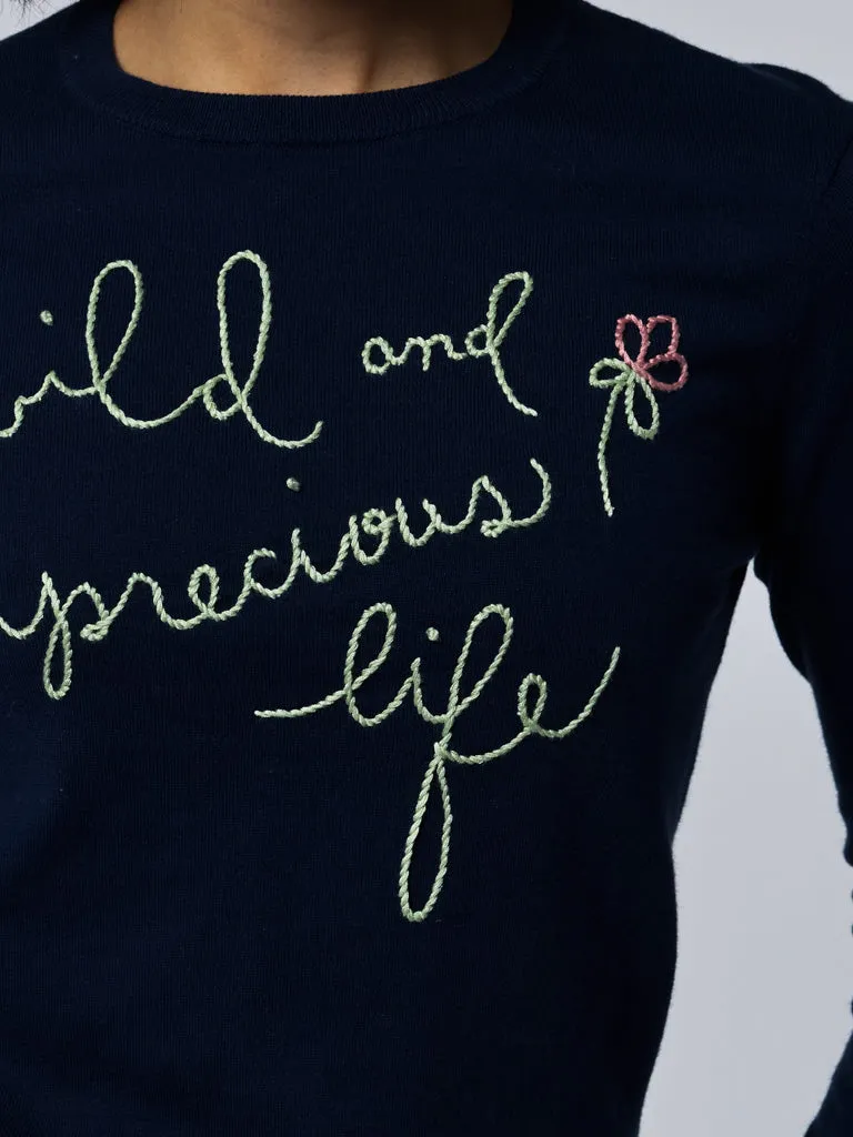 "wild and precious" Mara Cotton Crewneck sold by Lingua Franca NYC product image thumbnail 3
