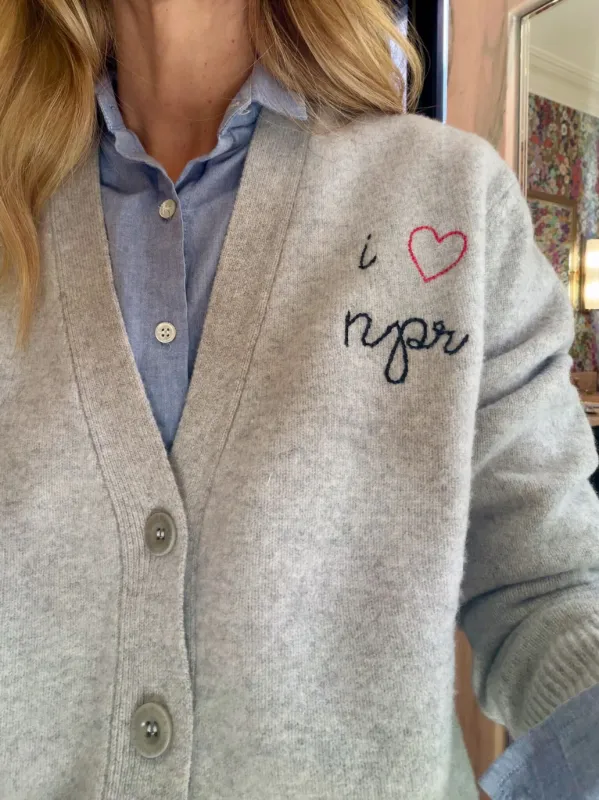 "i heart npr" Cluny Cardigan sold by Lingua Franca NYC