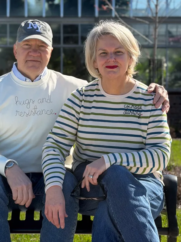 "courage, darling" Striped Mara Crewneck made by Lingua Franca NYC